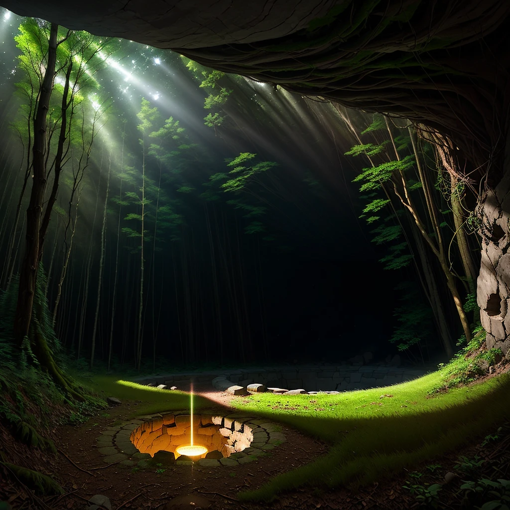 a big hole in a forest. downward looking perspective. inside the hole mysterious luses are seen. photon mapping.