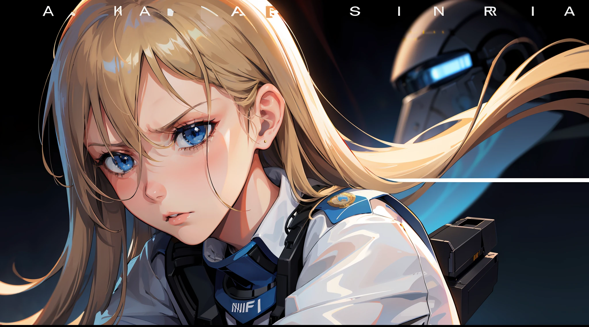 Trailer Cover,Realistic,White Air Force Uniform,(Realistic Face Resolution),Posing Cinematic,Adult,Skinny,Small,(1 Woman with Dark Blonde Long Hair,Blue Eyes),Serious Face,Science Fiction,Sci-fi,Different Characters