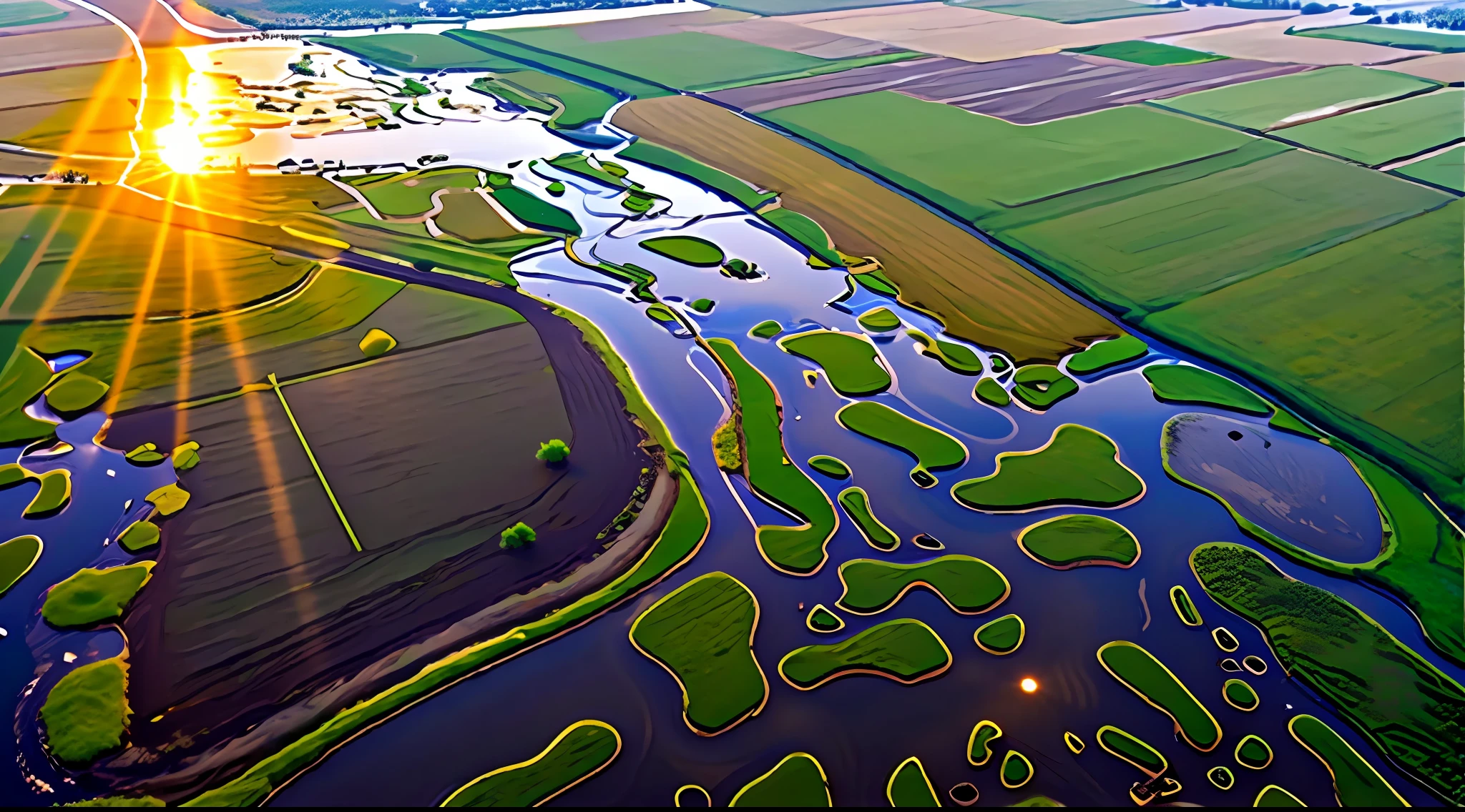 Aerial aerial view, documentary photos, reed wetlands, waters, reeds fluttering in the wind, water reflections, sunset and sunset