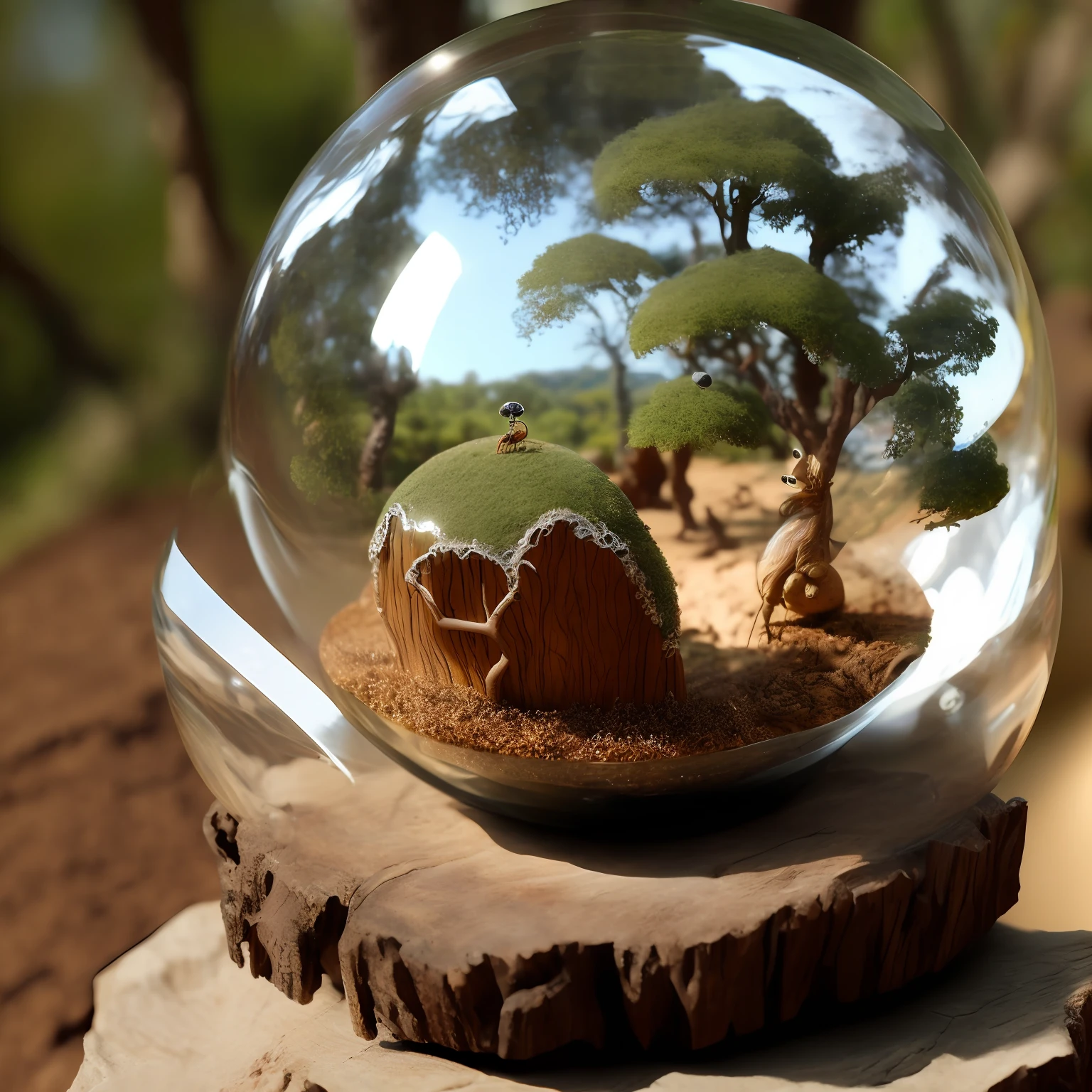 anthill on a rock in a glass globe. The globe standing on a wood plate. In the globe is also a tree
