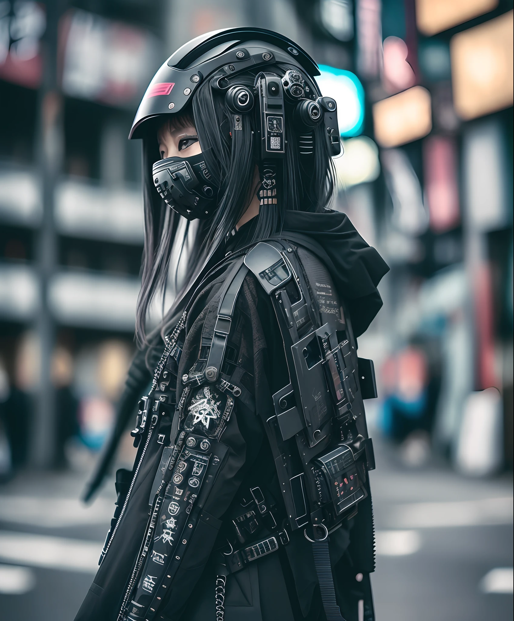 Raw photo, medium shoot, Half body, woman in black harajuku techwear fashion, with vr headset, wearing japanese techwear, photograph of a techwear woman, cyberpunk streetwear, wearing cyberpunk streetwear, techwear, cyberpunk techwear, techwear fashion, future techwear, wearing techwear and armor, futuristic techwear, 2 techwear women, very beautiful cyberpunk samurai, techwear look and clothes