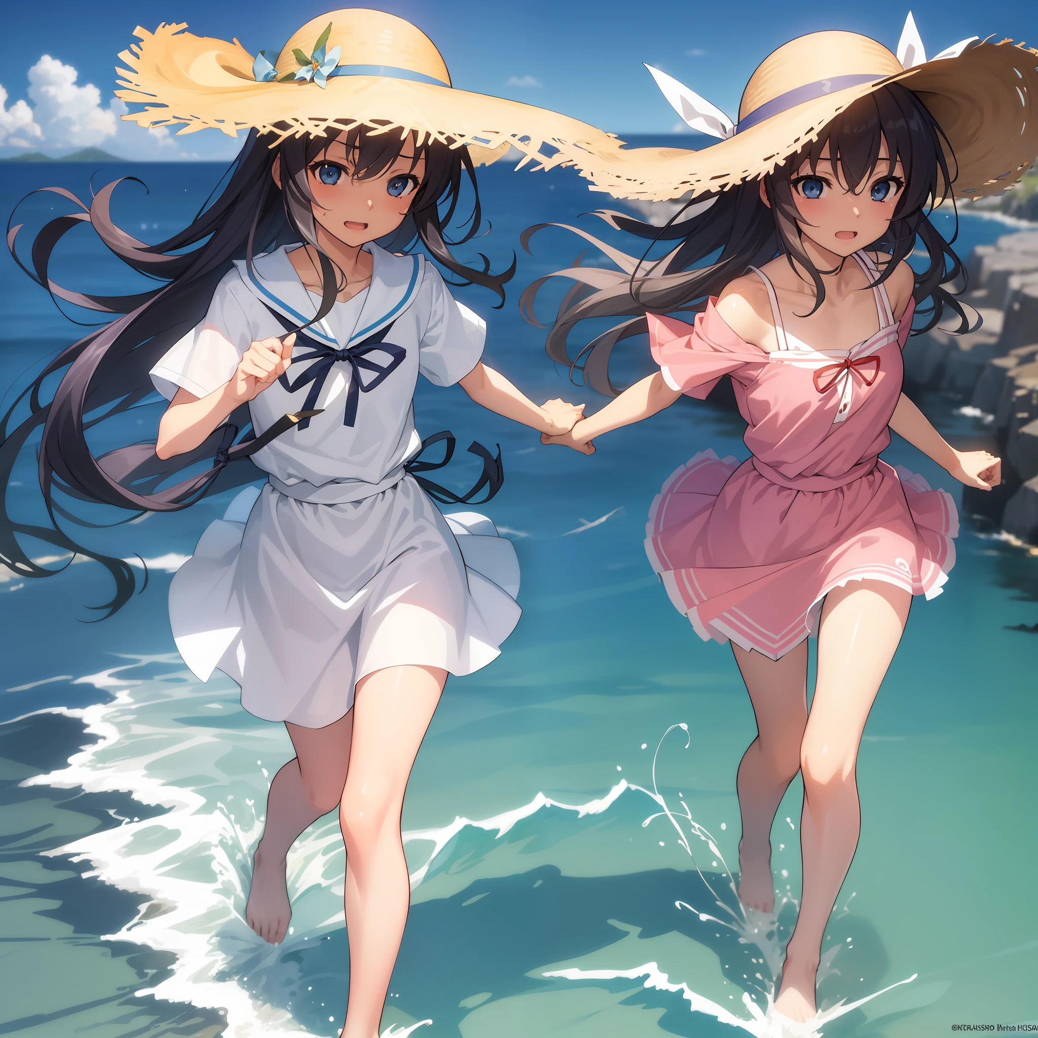 Masterpiece: 1.2), (Best Quality: 1.2), Detailed,, Seaside, Straw Hat, Running, Lori, Baby Girl, Long Hair, Short Hair, Four People, Sex, Blue Eyes, Clannad, Nagisa Furukawa, Kyo Fujibayashi, Fumiko Ibuki, Shio Okazaki, (), (Ahgao: 1.3)
