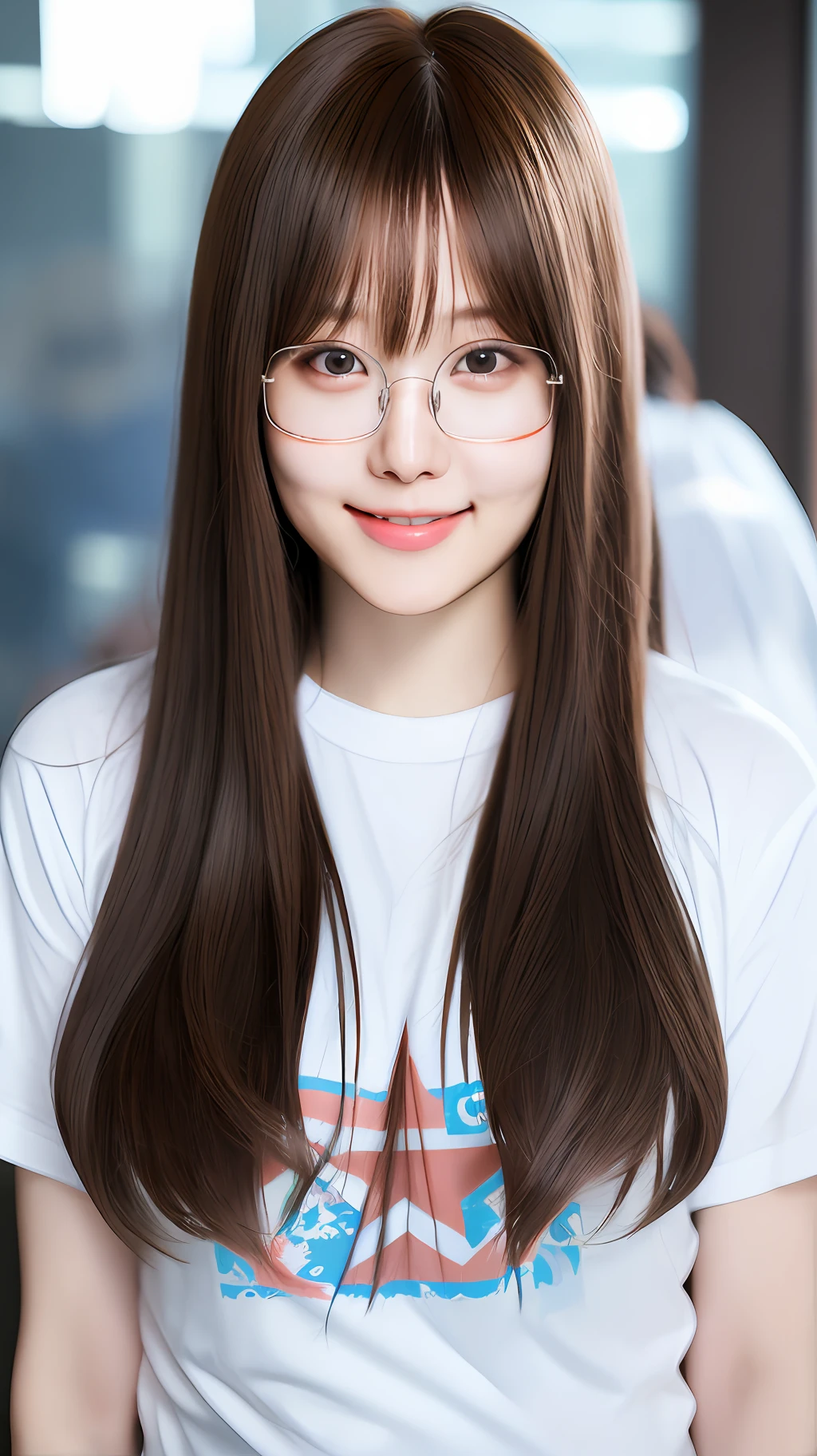 realistic photos of 1 cute Korean star female, hair flaps, thin makeup, medium breasts size, slightly smile, t-shirt, glasses,  clear facial features, 16K, f/16, Nikon, ray tracing, reflection light, blending