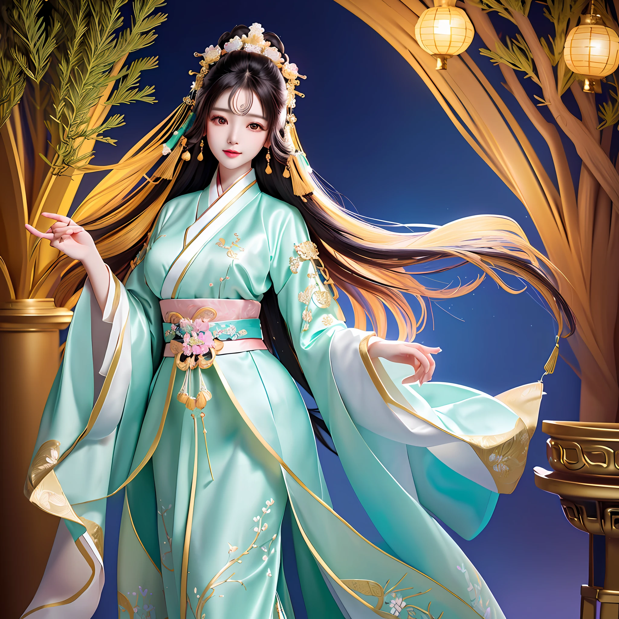 extremely detailed illustration of a incredibly beautiful korean woman in a detailed hanbok with long hair floating, curvy full body, asian style, intricately detailed fantasy korean pine tree garden, magical lights surrounding her, tetrad colors, color strokes, 16k resolution or higher, sharp focus, five finger hands