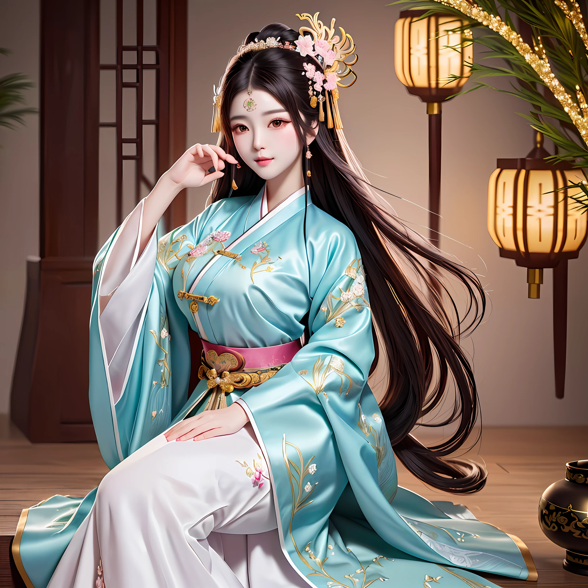 extremely detailed illustration of a incredibly beautiful korean woman in a detailed hanbok with long hair floating, curvy full body, asian style, intricately detailed fantasy korean pine tree garden, magical lights surrounding her, tetrad colors, color strokes, 16k resolution or higher, sharp focus, five finger hands
