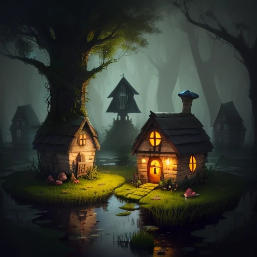 witch mushroom house in a swamp. A friendly looking hamster sitting on a small stone near the house