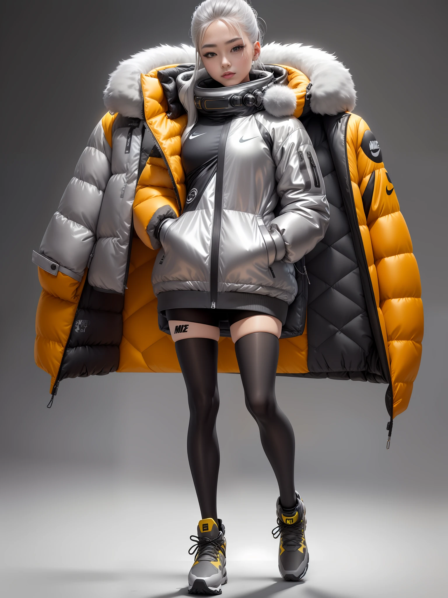 A stylish one-man spring and autumn down jacket design space background full of bubbles and fluffy feeling Cyberpunk ((silver gray: 1.3) + (fashion: 1.1) + (trendy: 1.2)), (nike logo), (corona rendering), (space winter down jacket concept + concept art design): 1.3), (8K: 1.3), (2:3 aspect ratio + warm color Q2), (750 pixels), ((fashion elements) :( 1.1 + spring and autumn down jacket fusion with fashion elements )), (dynamic: 5) yellow accents