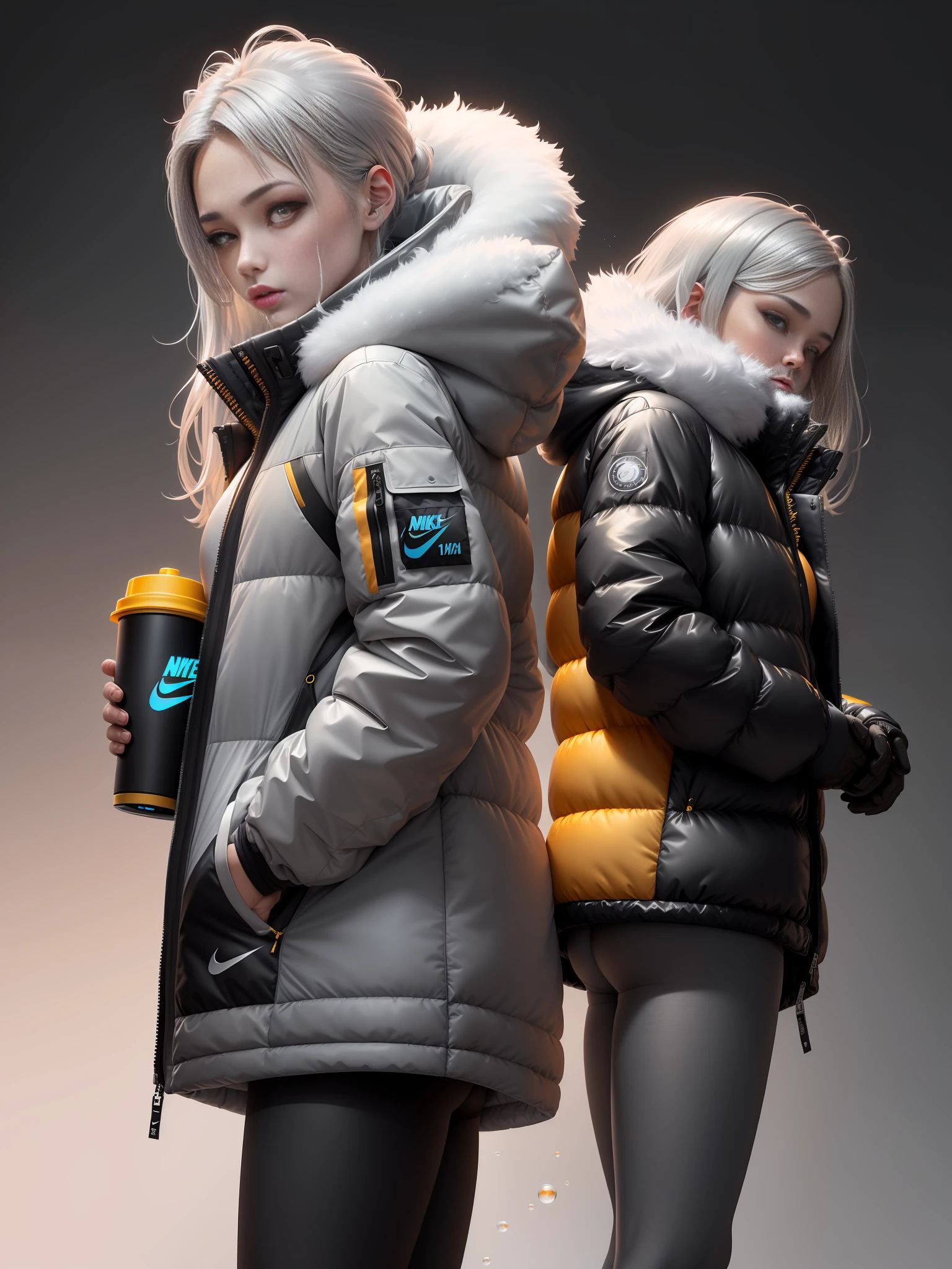 A stylish one-man spring and autumn down jacket design space background full of bubbles and fluffy feeling Cyberpunk ((silver gray: 1.3) + (fashion: 1.1) + (trendy: 1.2)), (nike logo), (corona rendering), (space winter down jacket concept + concept art design): 1.3), (8K: 1.3), (2:3 aspect ratio + warm color Q2), (750 pixels), ((fashion elements) :( 1.1 + spring and autumn down jacket fusion with fashion elements )), (dynamic: 5) yellow accents