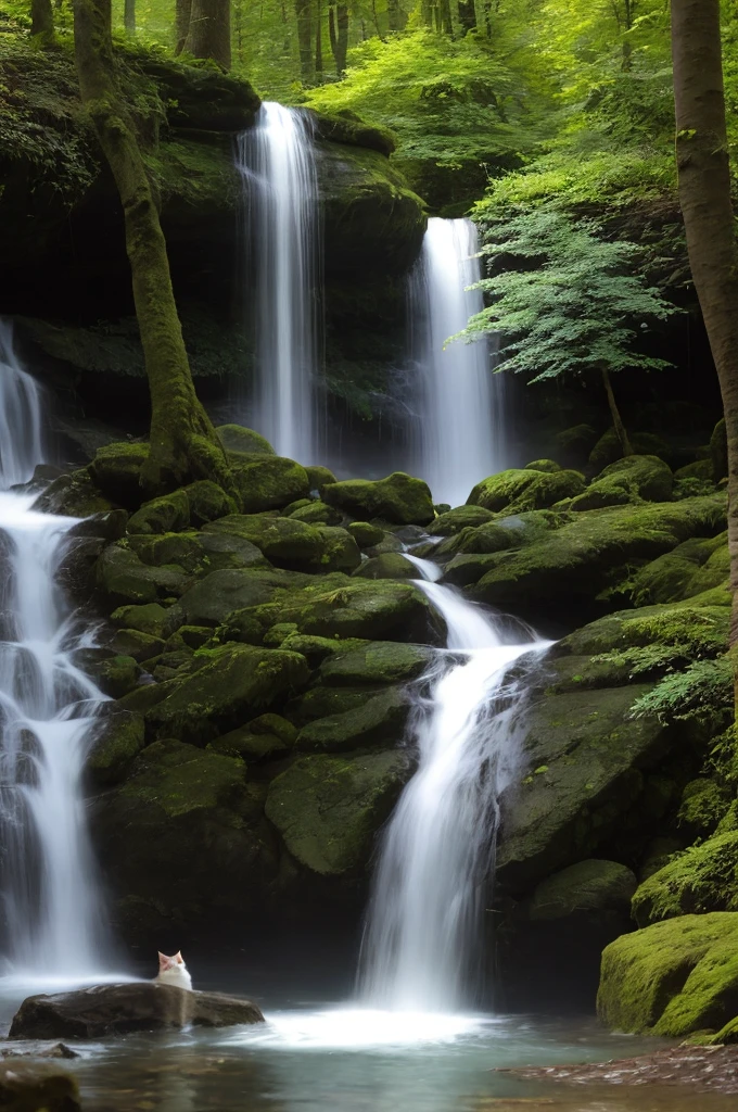 A cat enjoying the beautiful forest waterfall trees