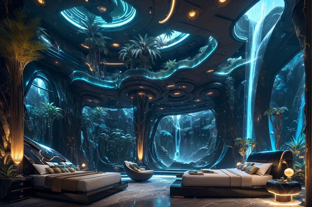 incredible luxurious futuristic bedroom interior in Ancient Egyptian style with many ((lush plants)) (lotus flowers), ((palm trees)), rocky walls, (sand), ((waterfalls)) (marble), ((precious minerals)), ((metals)), (gemstones), crystals, clouds and ((water)), ((curvy futuristic furniture)), crocodiles, (hieroglyphics), (((ultra luxury))), (black marble) – with ((beautiful lights)), Unreal Engine, HQ, 16k