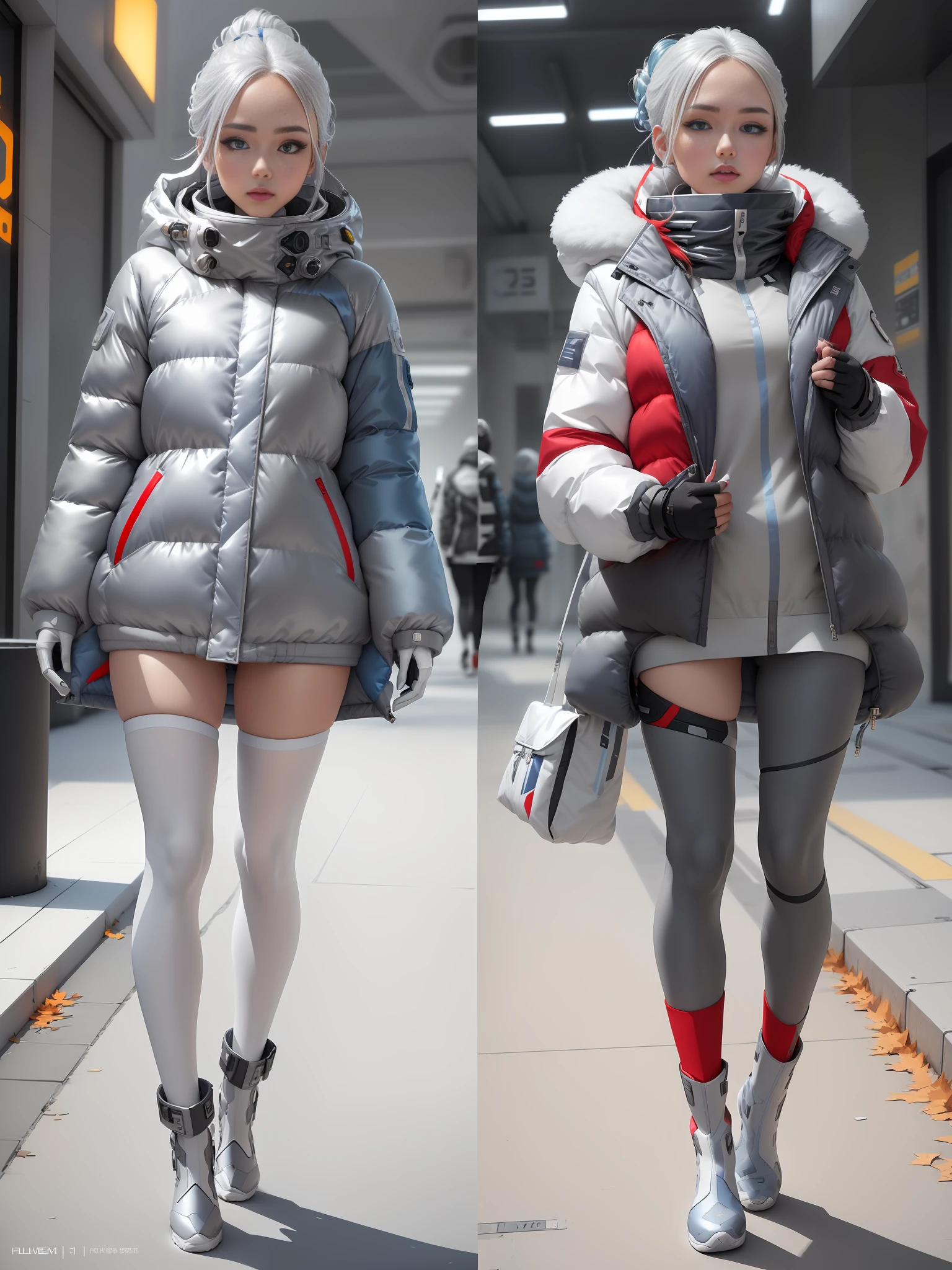 A stylish one-man spring and autumn down jacket design full of bubbles and fluffy feeling Cyberpunk ((silver gray white blue red :1.3) + (fashion: 1.1) + (trendy: 1.2)), (corona rendering), ((space winter down jacket concept + concept art design): 1.3), (8K: 1.3), (2:3 aspect ratio + warm color Q2), (750 pixels), ((fashion elements) :( 1.1 + spring and autumn down jacket silver gray white blue red blends with fashion elements )), (dynamic: 5) yellow accents