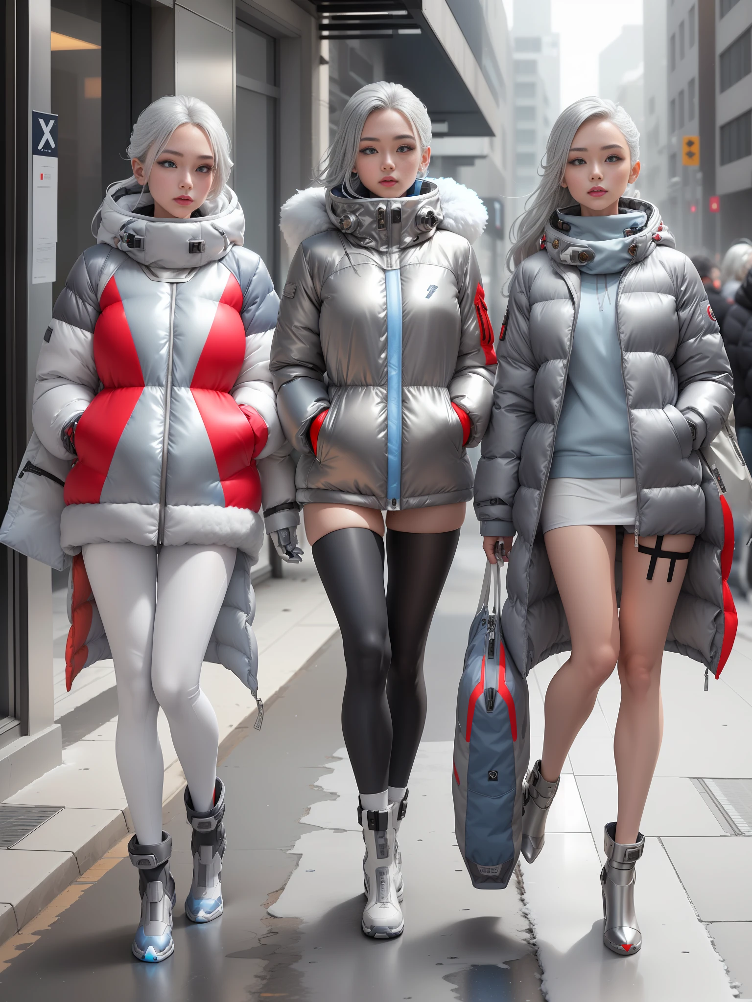 A stylish one-man spring and autumn down jacket design full of bubbles and fluffy feeling Cyberpunk ((silver gray white blue red :1.3) + (fashion: 1.1) + (trendy: 1.2)), (corona rendering), ((space winter down jacket concept + concept art design): 1.3), (8K: 1.3), (2:3 aspect ratio + warm color Q2), (750 pixels), ((fashion elements) :( 1.1 + spring and autumn down jacket silver gray white blue red blends with fashion elements )), (dynamic: 5) yellow accents