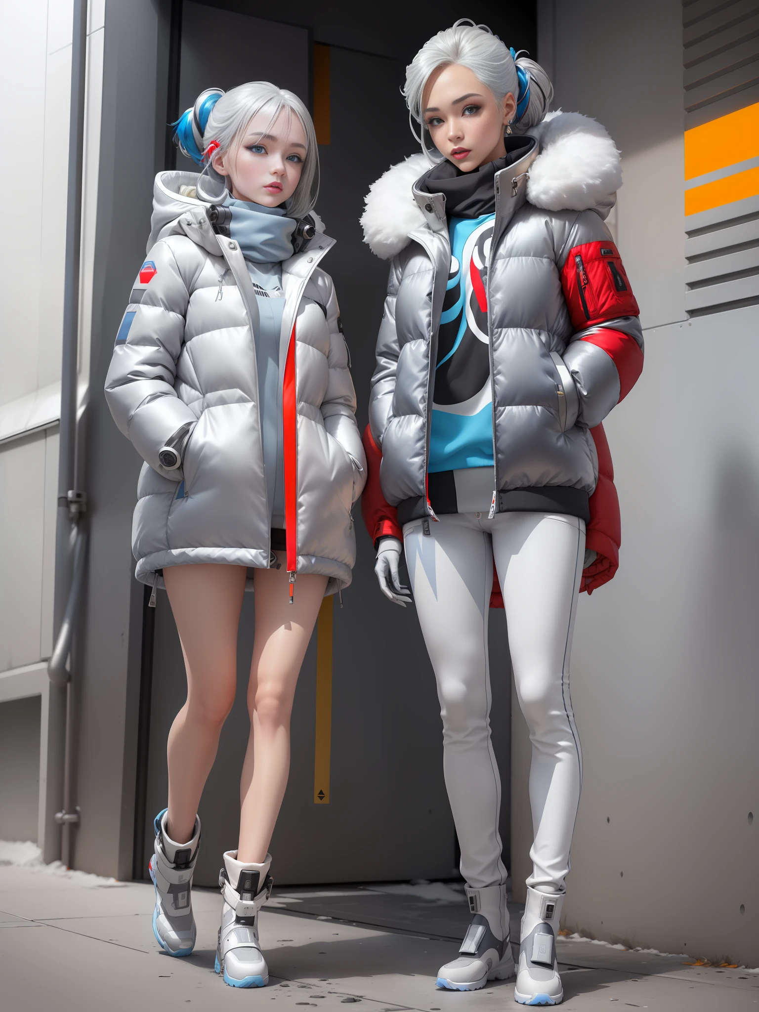 A stylish one-man spring and autumn down jacket design full of bubbles and fluffy feeling Cyberpunk ((silver gray white blue red :1.3) + (fashion: 1.1) + (trendy: 1.2)), (corona rendering), ((space winter down jacket concept + concept art design): 1.3), (8K: 1.3), (2:3 aspect ratio + warm color Q2), (750 pixels), ((fashion elements) :( 1.1 + spring and autumn down jacket silver gray white blue red blends with fashion elements )), (dynamic: 5) yellow accents