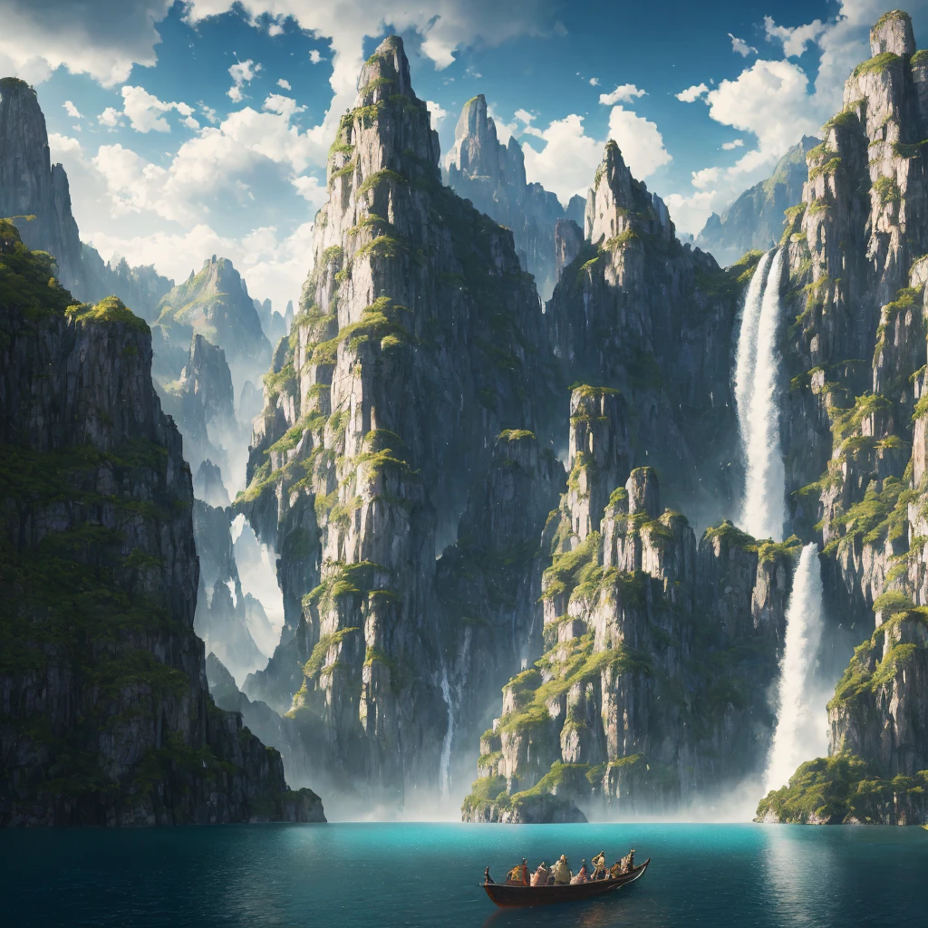 Masterpiece, best quality, high quality, extremely detailed CG unity 8k wallpaper, landscape, outdoor, sky, clouds, sky, no humans, mountain,((waterfall)) landscape, water, tree, blue sky, waterfall, cliff, nature, lake, river , cloudy skies, award winning photography, bokeh, depth of field, HDR, bloom, chromatic aberration, photorealism, very detailed, trending on artstation, trending on CGsociety, intricate, high detail, dramatic, half way art
