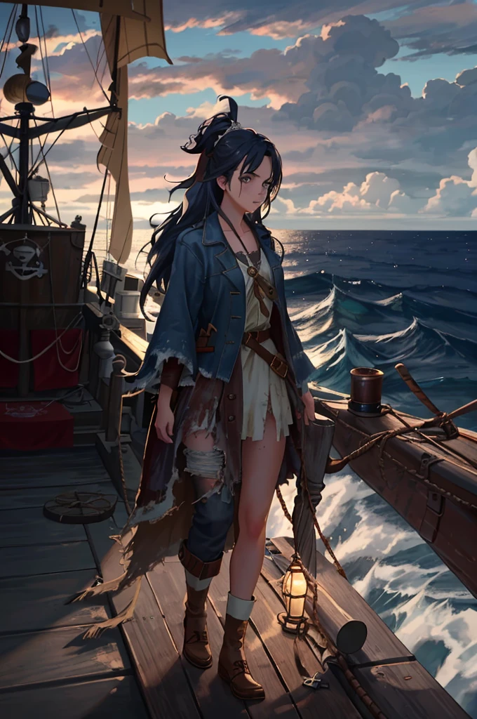 Dramatic lighting, top quality, cinematic film stills (charming Anne Bonnie, wearing dirty tattered pirate clothes, standing on the deck of a pirate ship anchored in a Caribbean harbor), dirty, dark atmosphere, toned body, (torn clothes: 0.8), perfect face looking at the viewer, [fine skin], [freckles], (dirty), (muddy)), (storm clouds :0.7), (Stormy weather: 0.5), Dull Natural Light, (Direct Light: 0.4), 8mm film grain, shot with Sony a9 II, 24mm lens, f/2.8 aperture, deep focus, (RAW), 8K, (still from Lost Pirates Kingdom)