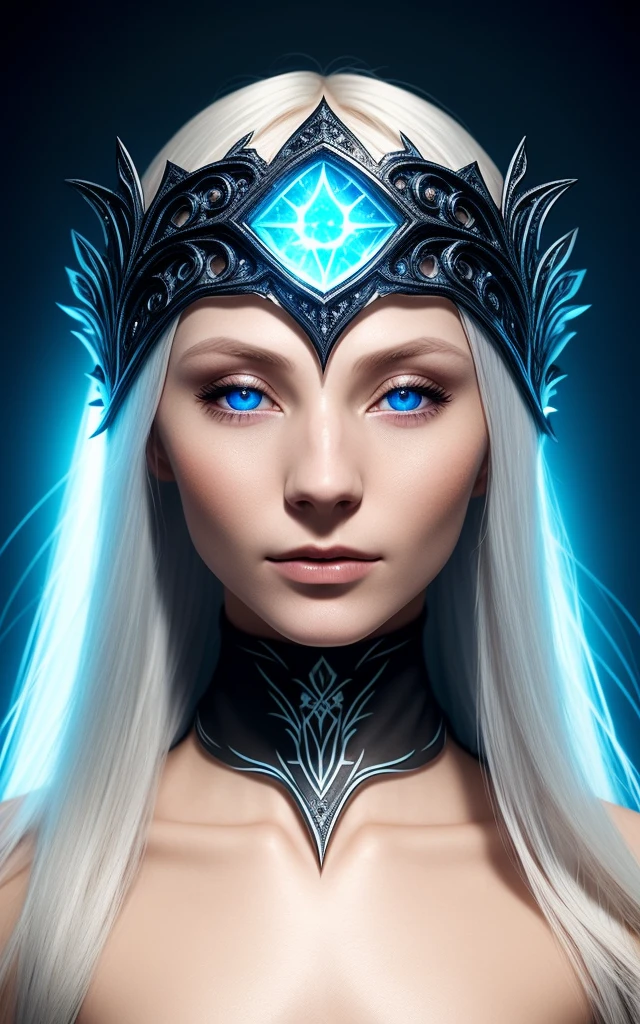 elven sorceress, scandinavian blonde 20yo, detailed skin, young, black background, simple background, full figure, diadema, small ears, looking at camera, symmetrical eyes, photo 8k uhd, blue dress, light makeup, narrow nose,