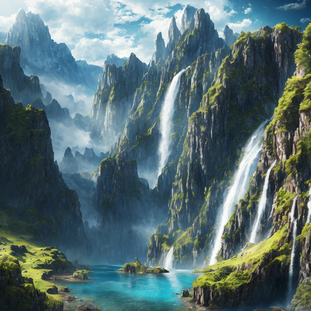Masterpiece, best quality, high quality, extremely detailed CG unity 8k wallpaper, landscape, outdoor, sky, clouds, sky, no humans, mountain,((long waterfall)) landscape, water, tree, blue sky, waterfall, cliff, nature, lake, river , cloudy skies, award winning photography, bokeh, depth of field, HDR, bloom, chromatic aberration, photorealism, very detailed, trending on artstation, trending on CGsociety, intricate, high detail, dramatic, half way art