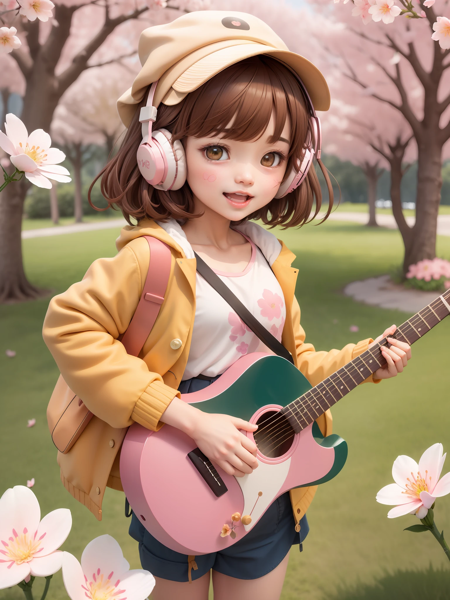 (Daisaku), (Excellent), (Super Detailed), (Full Body: 1.2), 1girl, Chibi, Cute, Smile, Open Mouth, Flower, Outdoor, Play Guitar, Music, Fisherman's Hat, Hold Guitar, Coat, Blush, Tree, :3, Shirt, Short Hair, Cherry Blossoms, Green Headgear, Blurry, Brown Hair, Blush Sticker, Long Sleeves, Bangs, Headphones, Brunette Hair, Pink Flower, (Beautiful Delicate Face), (Beautiful Delicate Eyes),