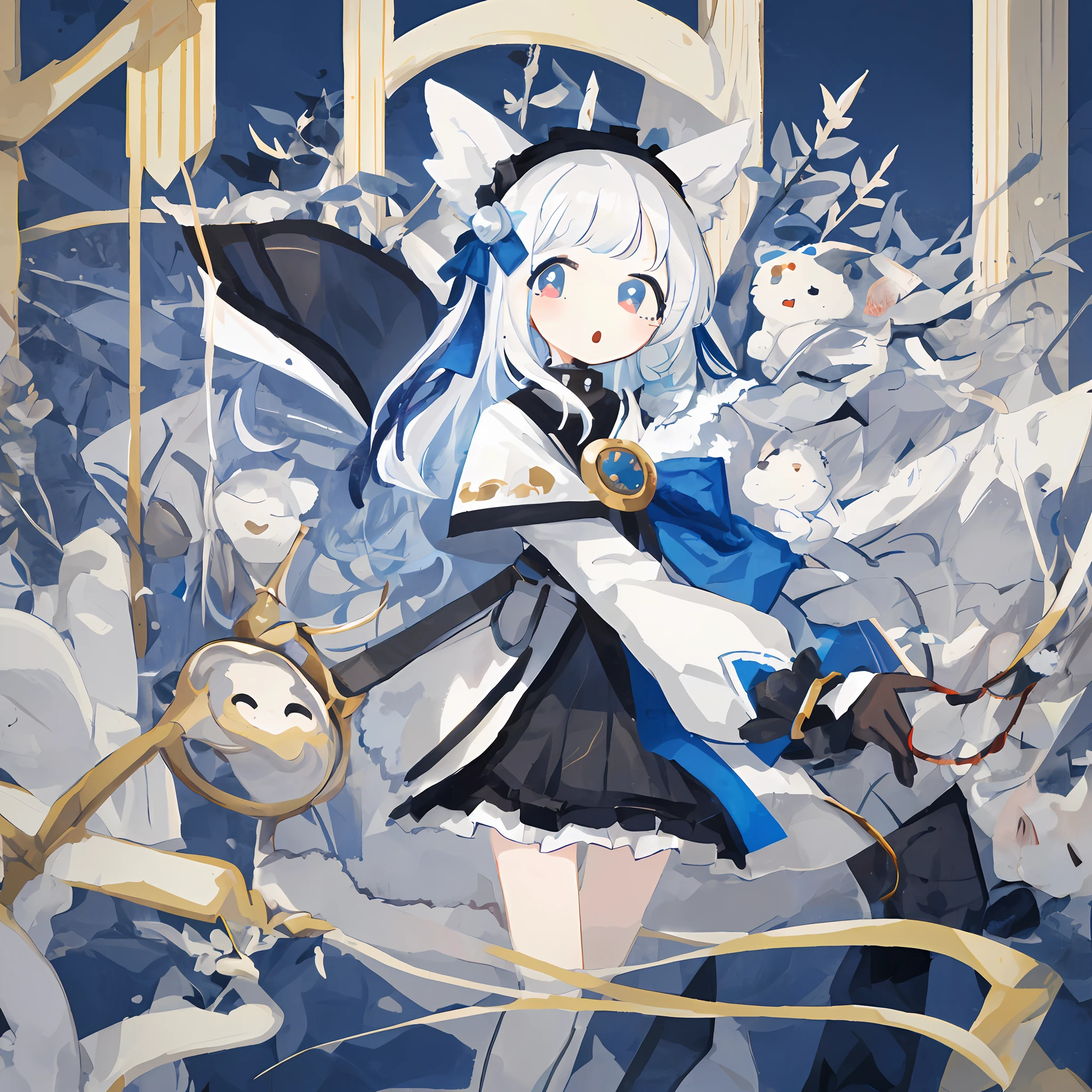Best quality, 1girl, chibi, masterpiece, white hair, gradient hair, blue eyes, blue hair, fur collar
