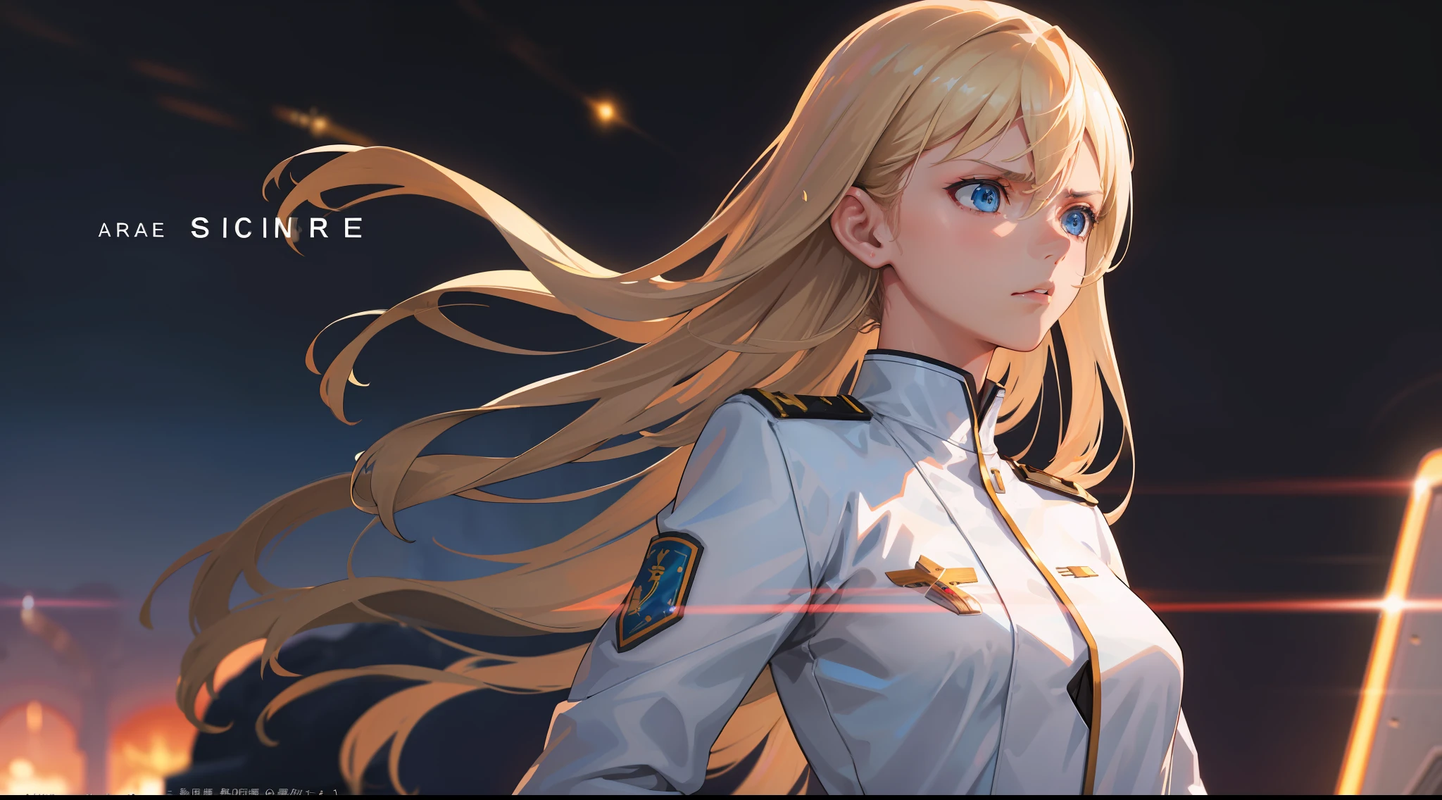 Trailer Cover,Realistic,White Air Force Uniform,(Realistic Face Resolution),Posing Cinematic,Adult,Skinny,Small,(1 Woman with Dark Blonde Long Hair,Blue Eyes),Serious Face,Science Fiction,Sci-fi,Different Characters