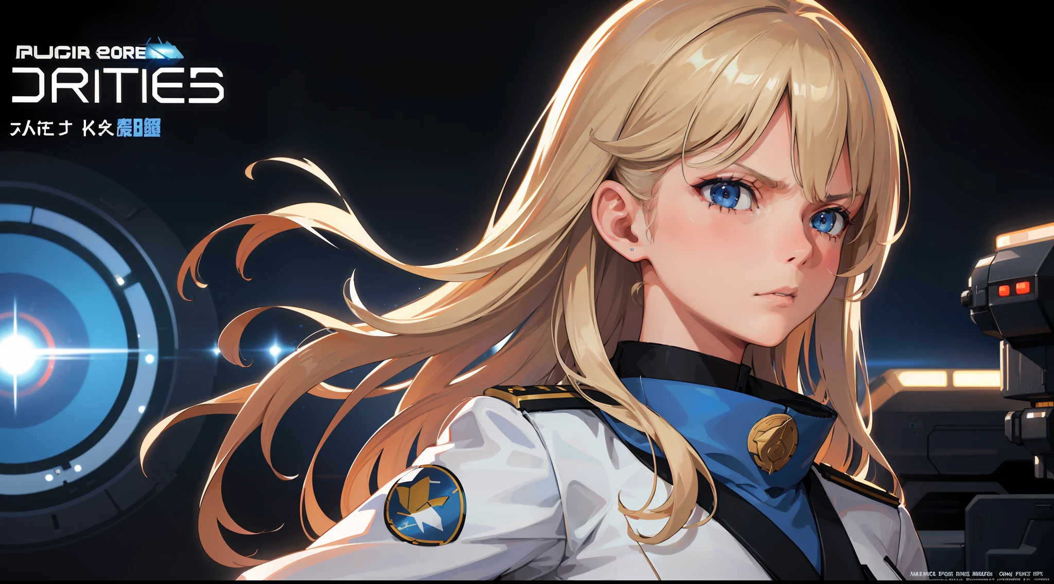 Trailer Cover,Realistic,White Air Force Uniform,(Realistic Face Resolution),Posing Cinematic,Adult,Skinny,Small,(1 Woman with Dark Blonde Long Hair,Blue Eyes),Serious Face,Science Fiction,Sci-fi,Different Characters