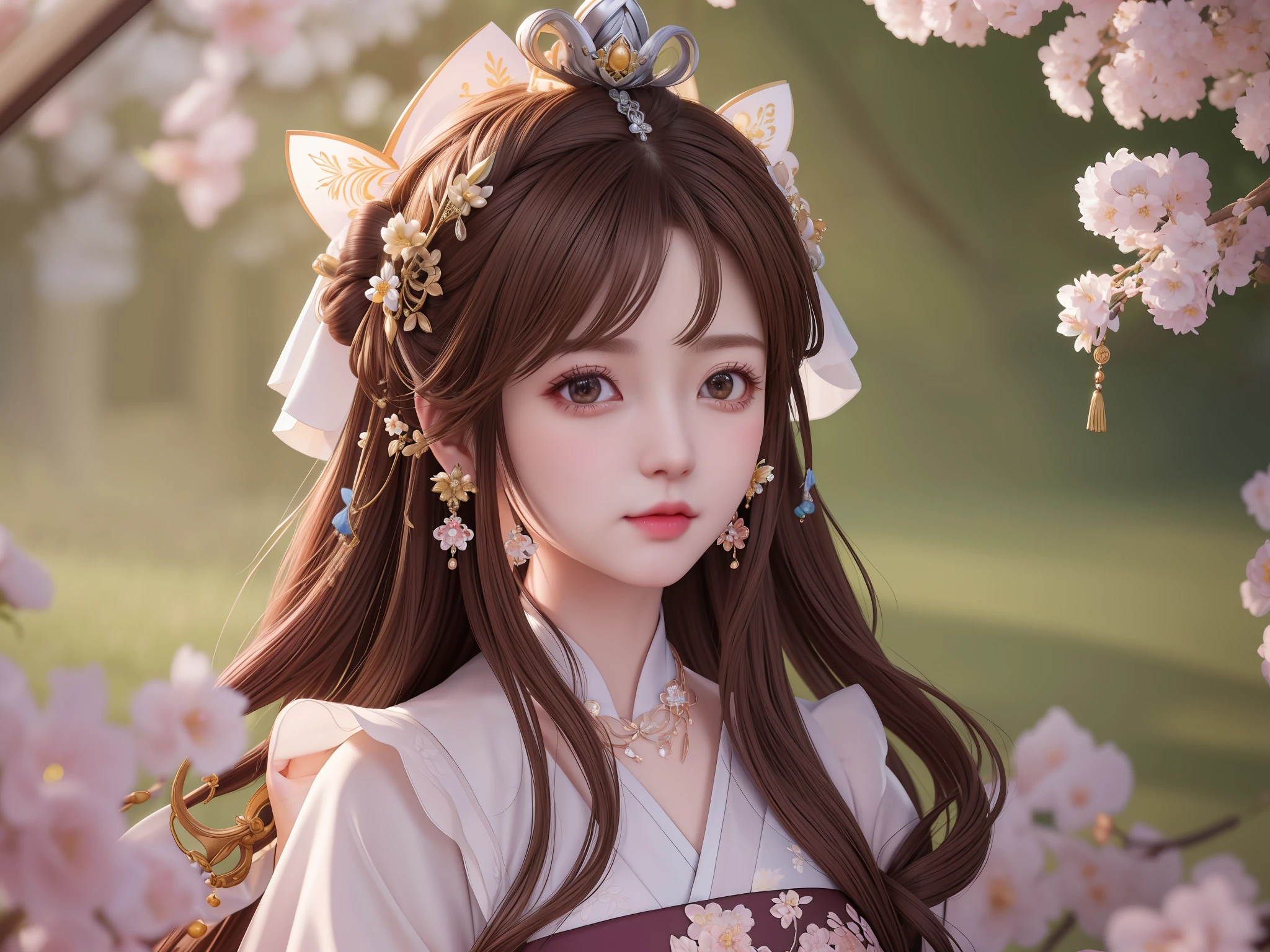 masterpiece,extremely detailed CG unity 8k wallpaper,1girl, beautiful, realistic, blurry, blurry_background, blurry_foreground, branch, brown_hair, hair_bow,crown,plum blossom, depth_of_field, earrings, flower, jewelry, nose, realistic, solo,fingers hidden, arms hidden,empress, full body