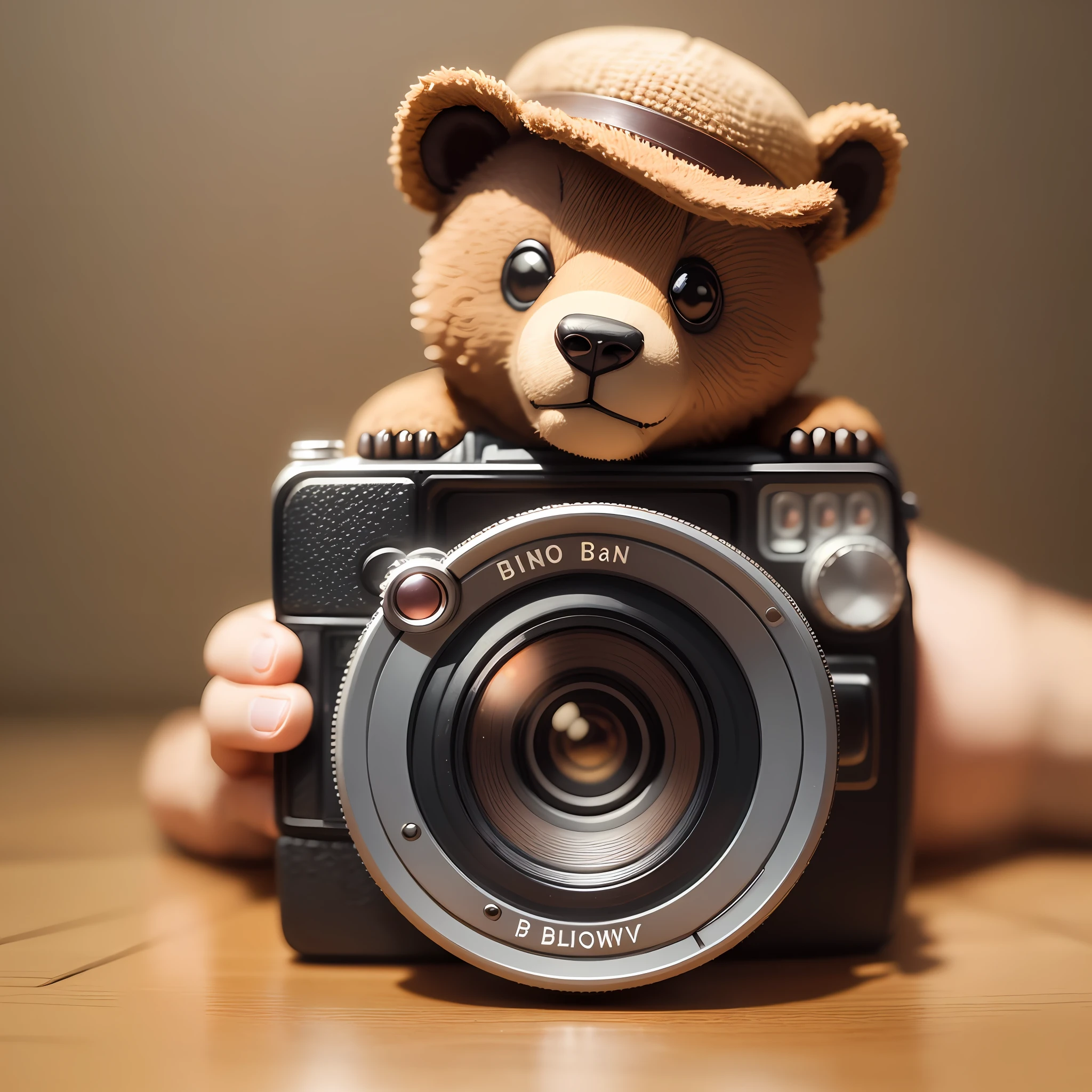 A cute little brown bear is taking pictures with a camera, blind box toy style, cinematic lighting, f/1.2, cowboy shot, best quality -- v 6