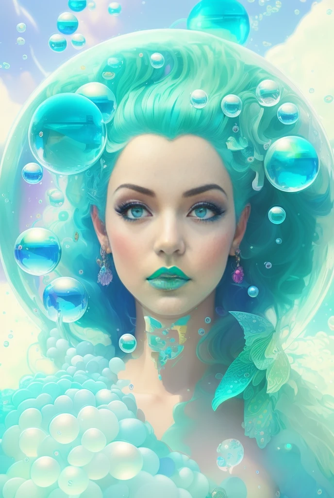 a woman with blue hair and green hair is surrounded by bubbles, beautiful digital artwork, gorgeous digital art, beeple and jeremiah ketner, hyperrealistic fantasy art, fantasy art style, closeup fantasy with water magic, moebius + loish + wlop, greg beeple, artgerm julie bell beeple, realistic fantasy artwork