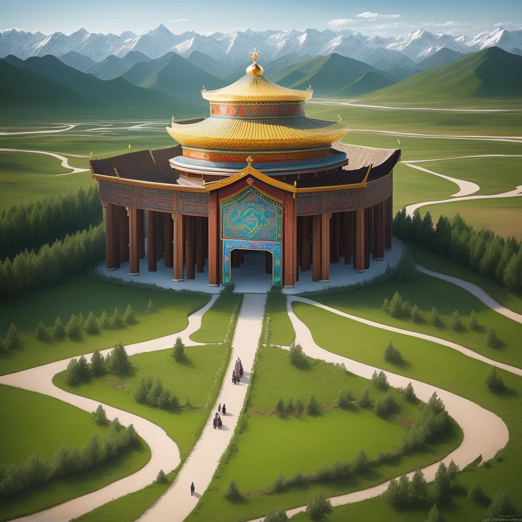 Landscape photography, Outdoor landscape architecture, The coronation of the king of the Kazakh nation, Full of sacredness, Lots of wood, The king was crowned here, Embraced by all people, Located in the grassland of Xinjiang