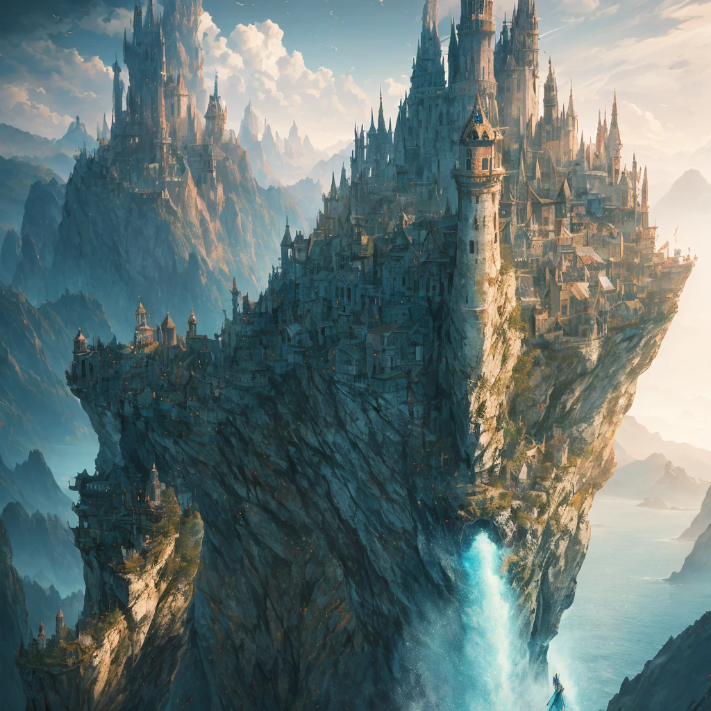 Masterpiece, best quality, high quality, extremely detailed CG unity 8k wallpaper, landscape, outdoor, sky, clouds, sky, (humans), mountain,((long waterfall)) landscape, water, tree, blue sky, waterfall, cliff, nature, lake, river , cloudy skies, award winning photography, bokeh, depth of field, HDR, bloom, chromatic aberration, photorealism, very detailed, trending on artstation, trending on CGsociety, intricate, high detail, dramatic, half way art