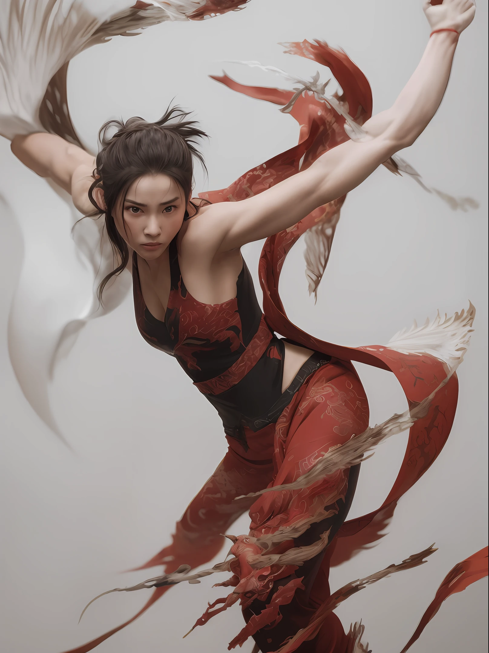 raw photo, best quality, masterpiece, ultra high res, (photorealistic:1.4), Anime a poster, 1hand holding a big long knife, two hands, wear kungfu master cloth, wave, chinese traditional ink style, Maiden Dragon Slayer, main color is red and white and black ink, dynamic movement, dynamic pose, movement, full body::1 Amazing Vector in oil painting environmental art cinematic, diorama, intricate detail, solo, dress, floating_hair