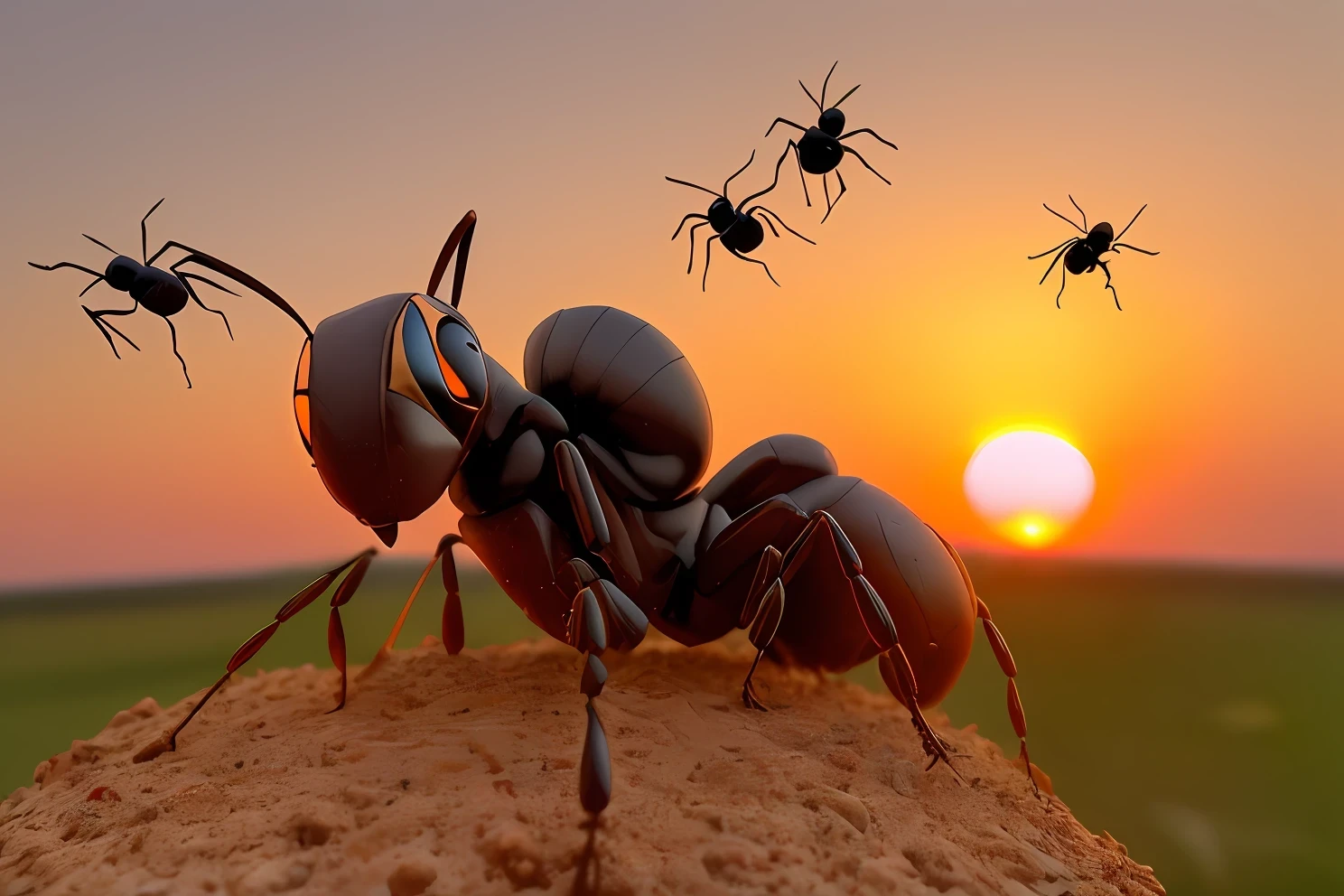 Conquering ants, statue of conquering ants heriged on an anthill + both front legs and head directed towards the setting sun + epic, suave, bird's eye view, nature