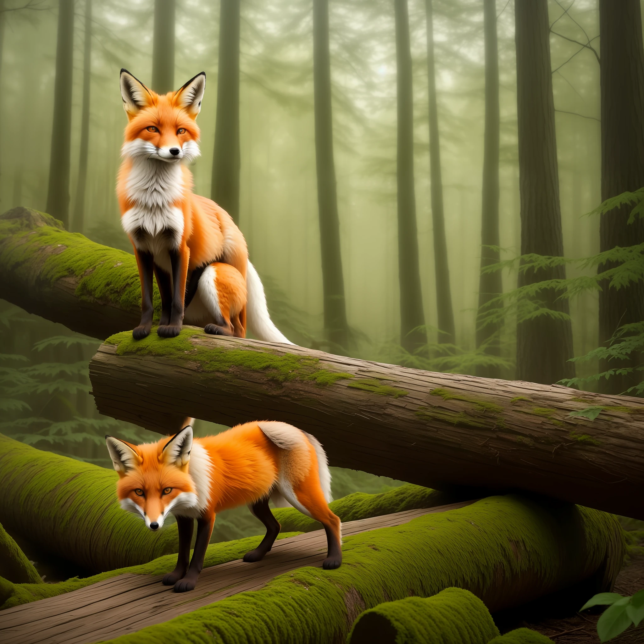 an adult fox sitting on a log in a mystical forest.  enchanting mood.  realistic
