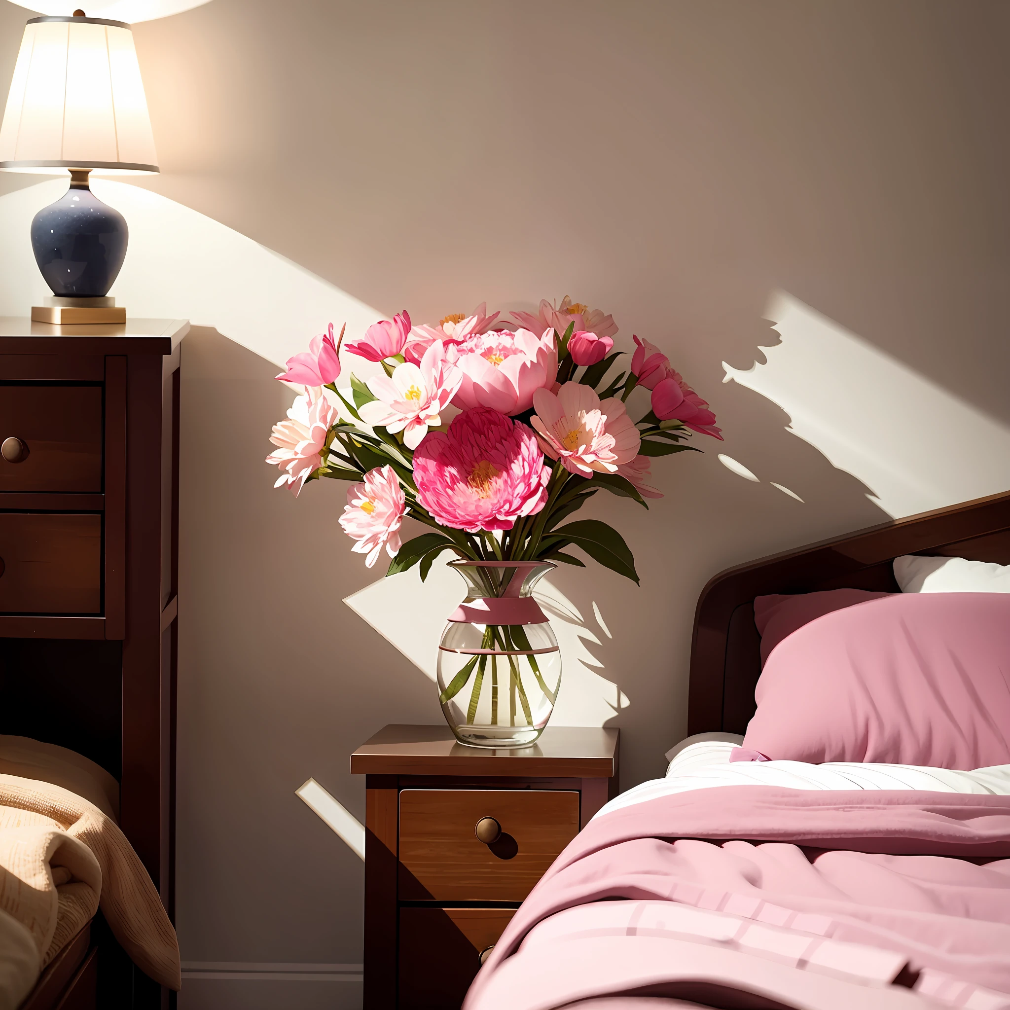 watercolor painting, warm illumination, soft and delicate shadow, a bedside table containing a flower vase with a beautiful and delicate pink bloom,
