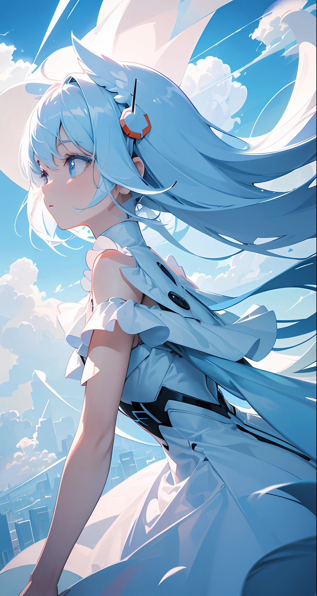 masterpiece, best quality, movie still, 1girl, floating in the sky, cloud girl, cloud, (close-up:1.1), bright, happy, fun, soft lighting, (Bauhaus, shapes, lines, abstract:1.1)
