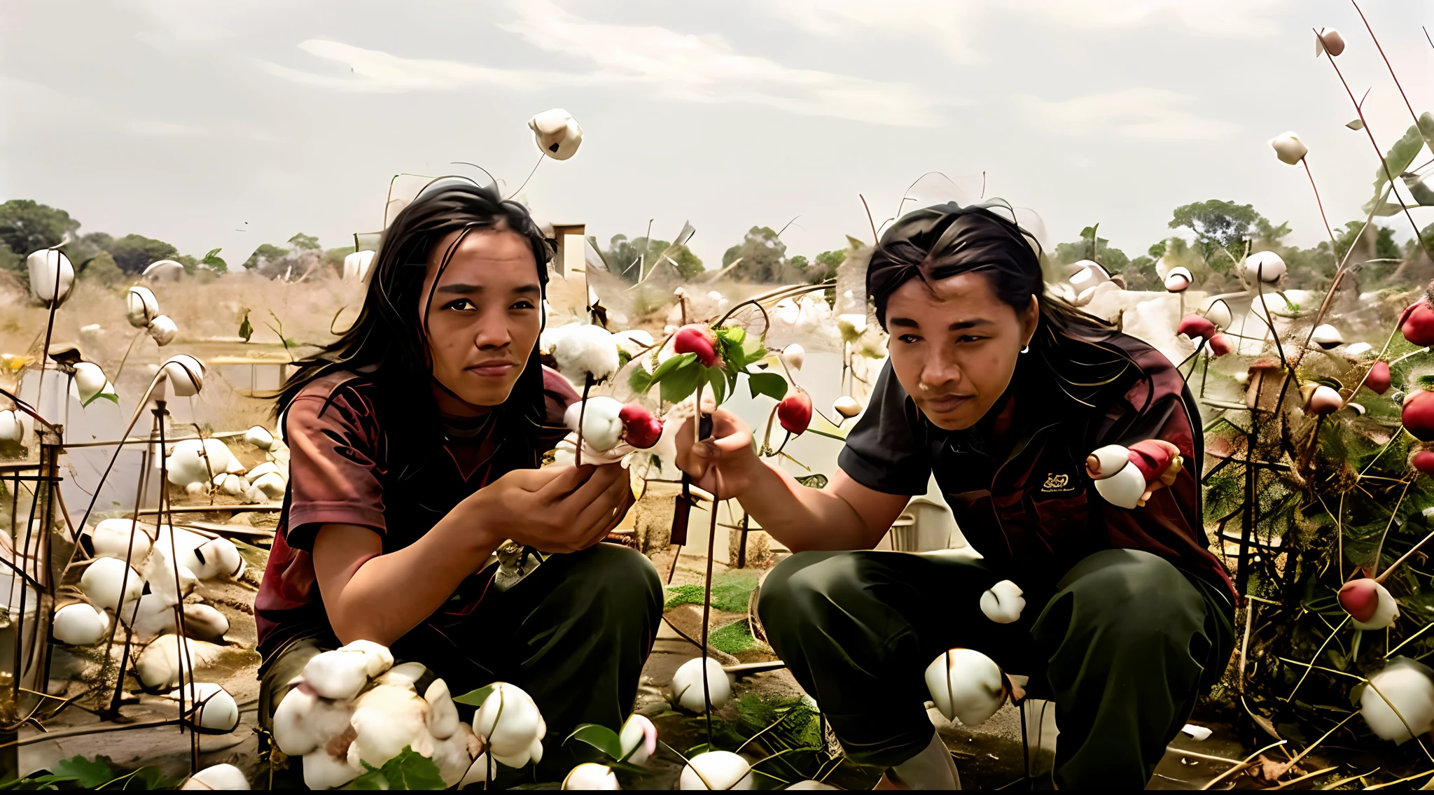 Documentary photography of people, under the sun, cotton fields, picking cotton, happy, harvesting, eating watermelon