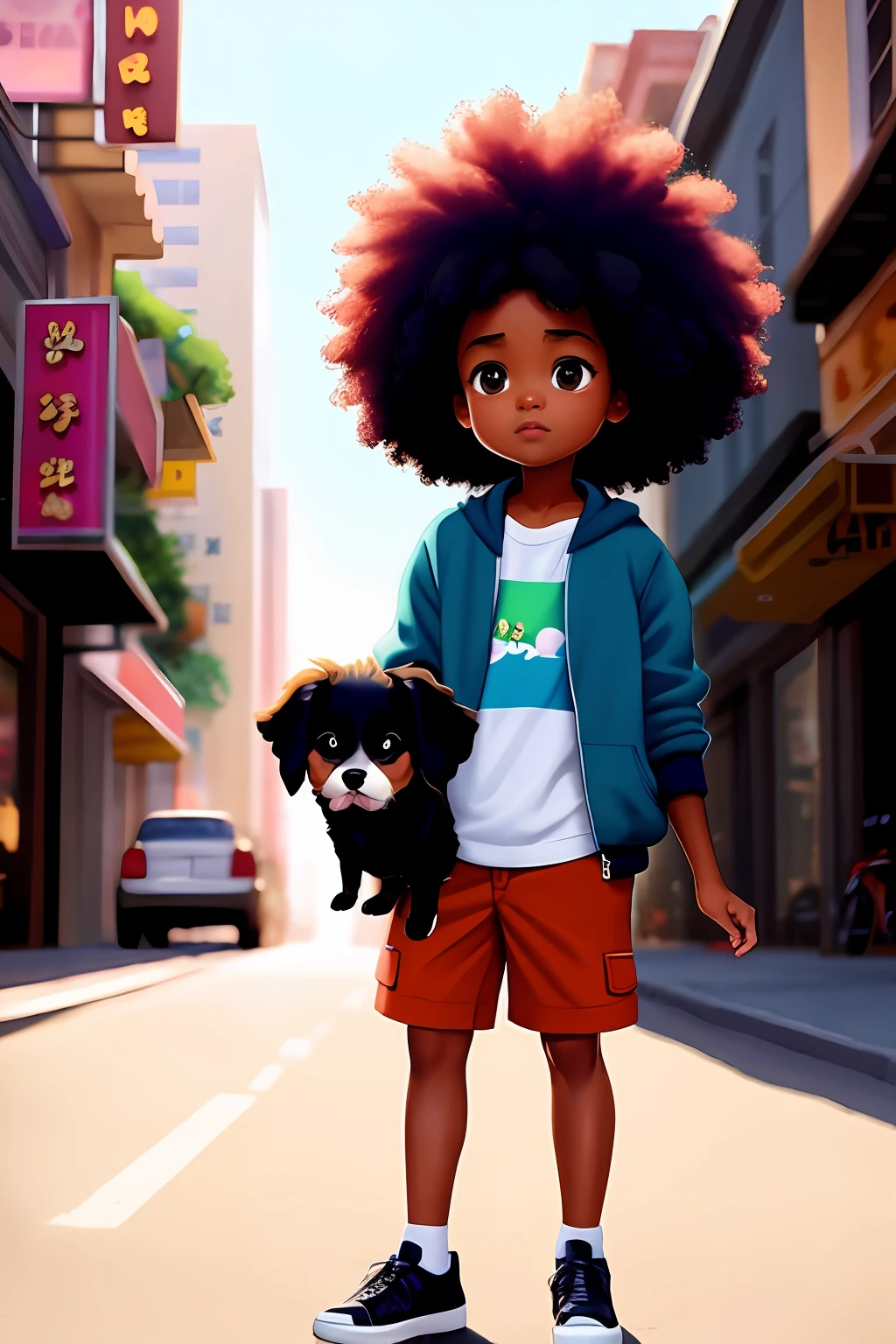 a cartoon character holding a small dog on a city street, black girl, movie artwork, clean photo, ghailan!, as a pixar character, cute young man, afro hair, grace and blessing, rendered in unreal, movie promotional image, rendered image