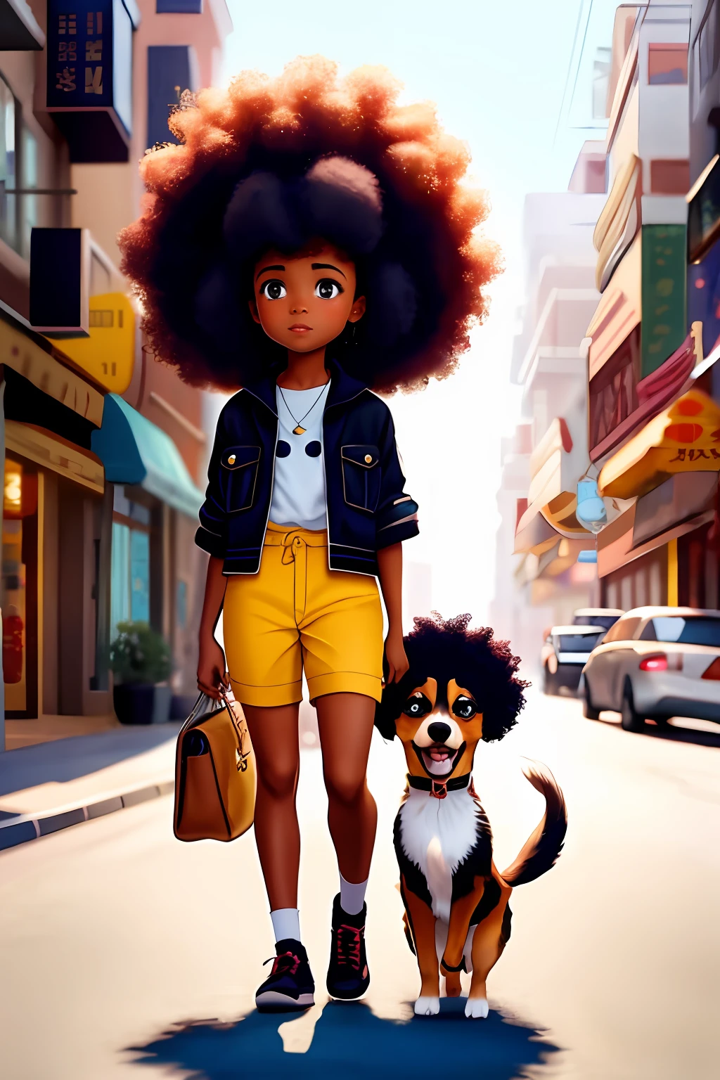 a cartoon character holding a small dog on a city street, black girl, movie artwork, clean photo, ghailan!, as a pixar character, cute young man, afro hair, grace and blessing, rendered in unreal, movie promotional image, rendered image