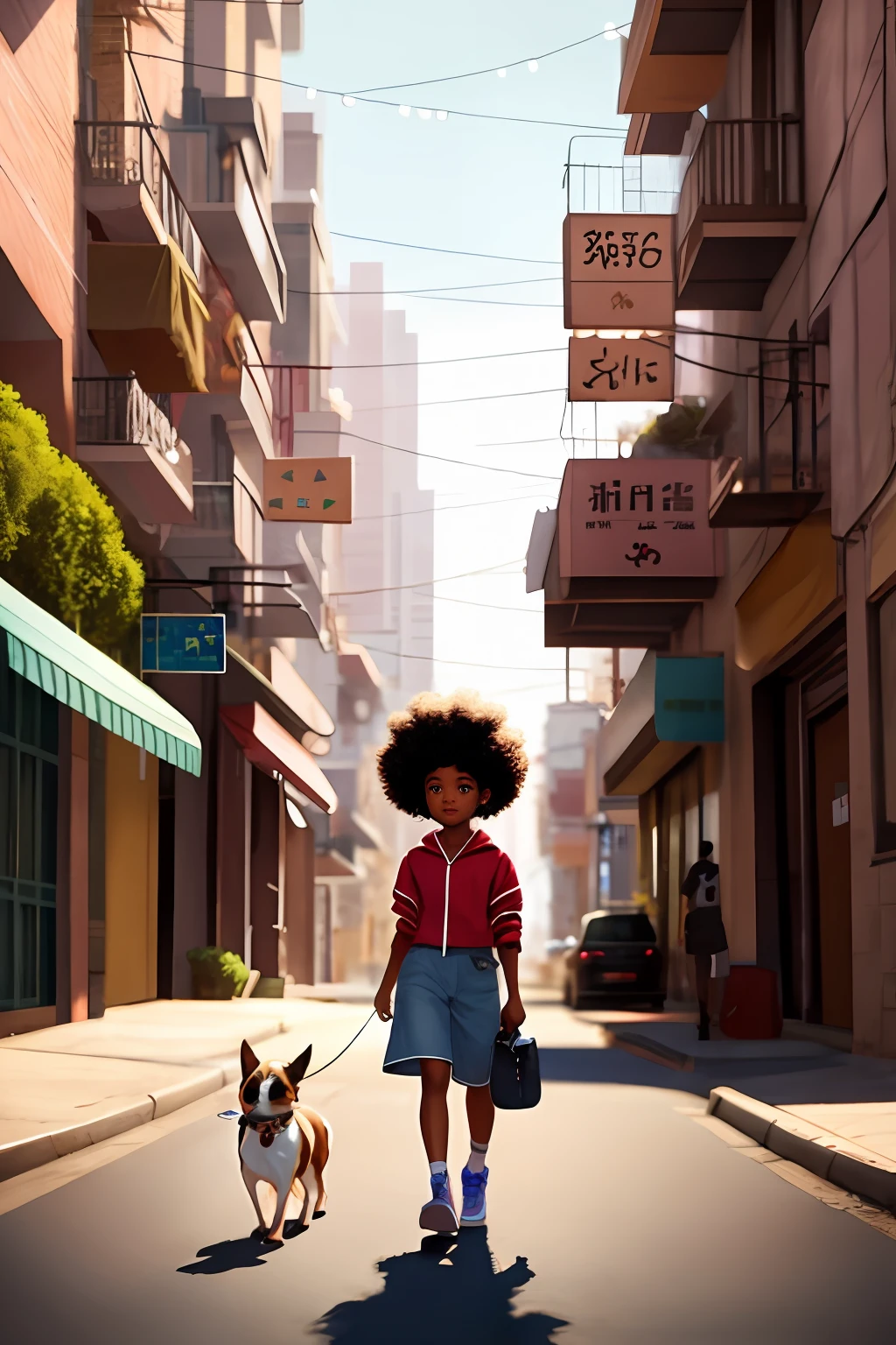 a cartoon character holding a small dog on a city street, black girl, movie artwork, clean photo, ghailan!, as a pixar character, cute young man, afro hair, grace and blessing, rendered in unreal, movie promotional image, rendered image
