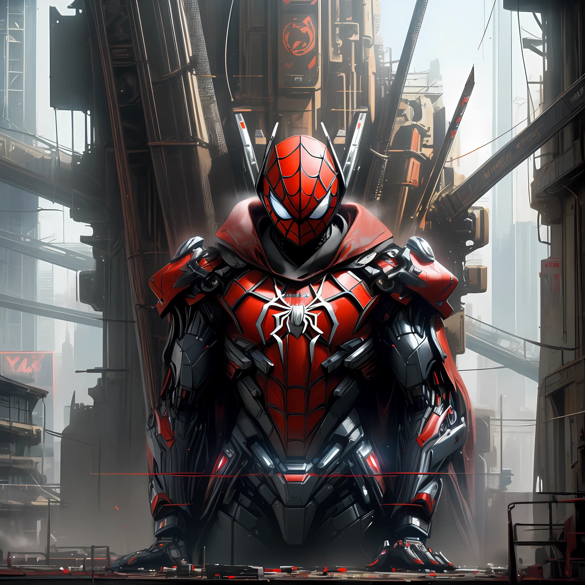 Dark_Fantasy,Cyberpunk, (Best quality, Masterpiece),white,1man,Mechanical marvel,Robotic presence,Cybernetic guardian,wearing a cybernetic jacket,black and red, futuristic Spider-Man, (cyborg), (Spider-Man),city, highest quality digital art, Stunning art, wallpaper 4k, highly detailed, warzone,black and white, highest quality digital art, Stunning art, wallpaper 4k,8k,64k, HD, unparalleled masterpiece, dynamic lighting, cinematic, epic, damaged mechanical parts