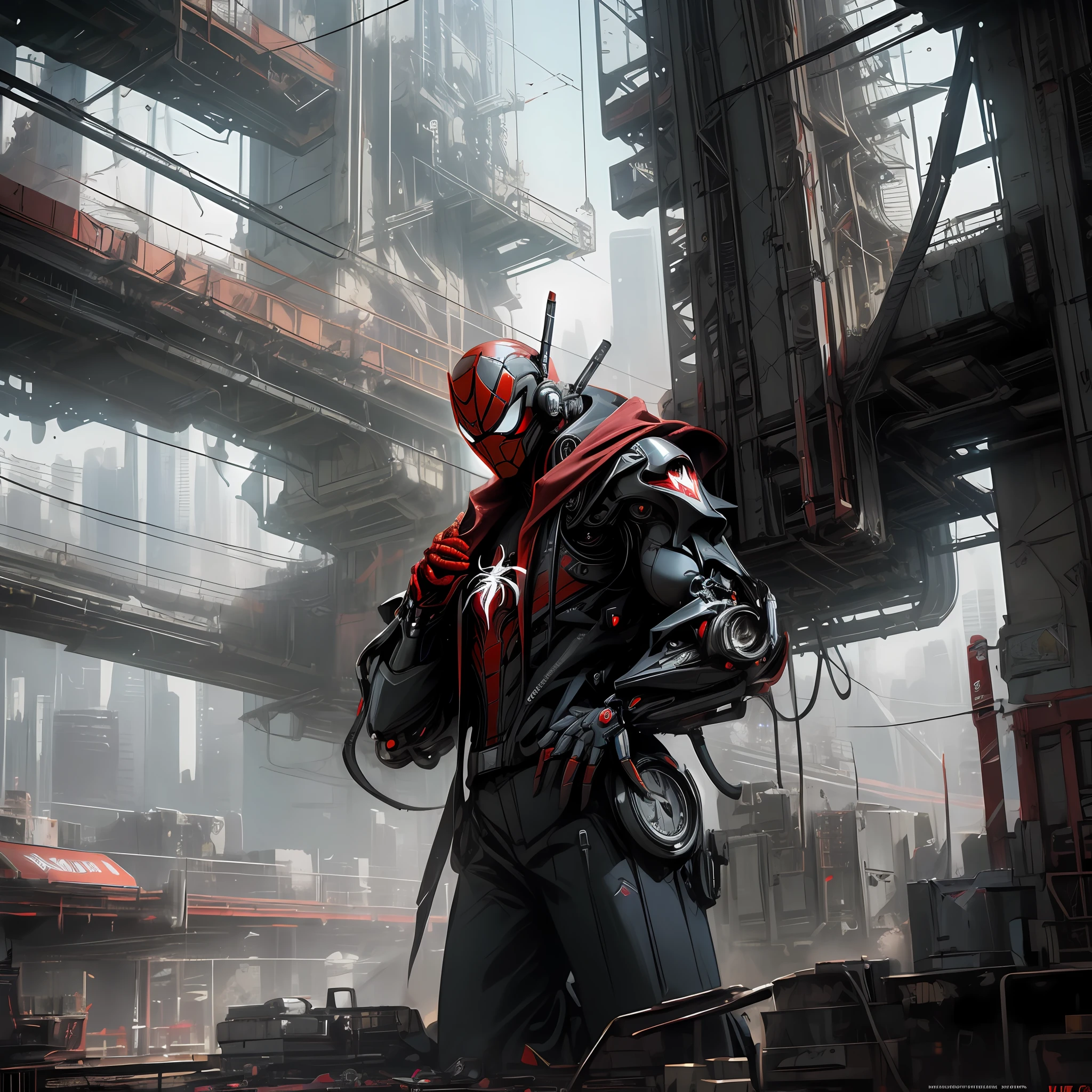 Dark_Fantasy,Cyberpunk, (Best quality, Masterpiece),white,1man,Mechanical marvel,Robotic presence,Cybernetic guardian,wearing a cybernetic jacket,black and red, futuristic Spider-Man, (cyborg), (Spider-Man),city, highest quality digital art, Stunning art, wallpaper 4k, highly detailed, warzone,black and white, highest quality digital art, Stunning art, wallpaper 4k,8k,64k, HD, unparalleled masterpiece, dynamic lighting, cinematic, epic, damaged mechanical parts