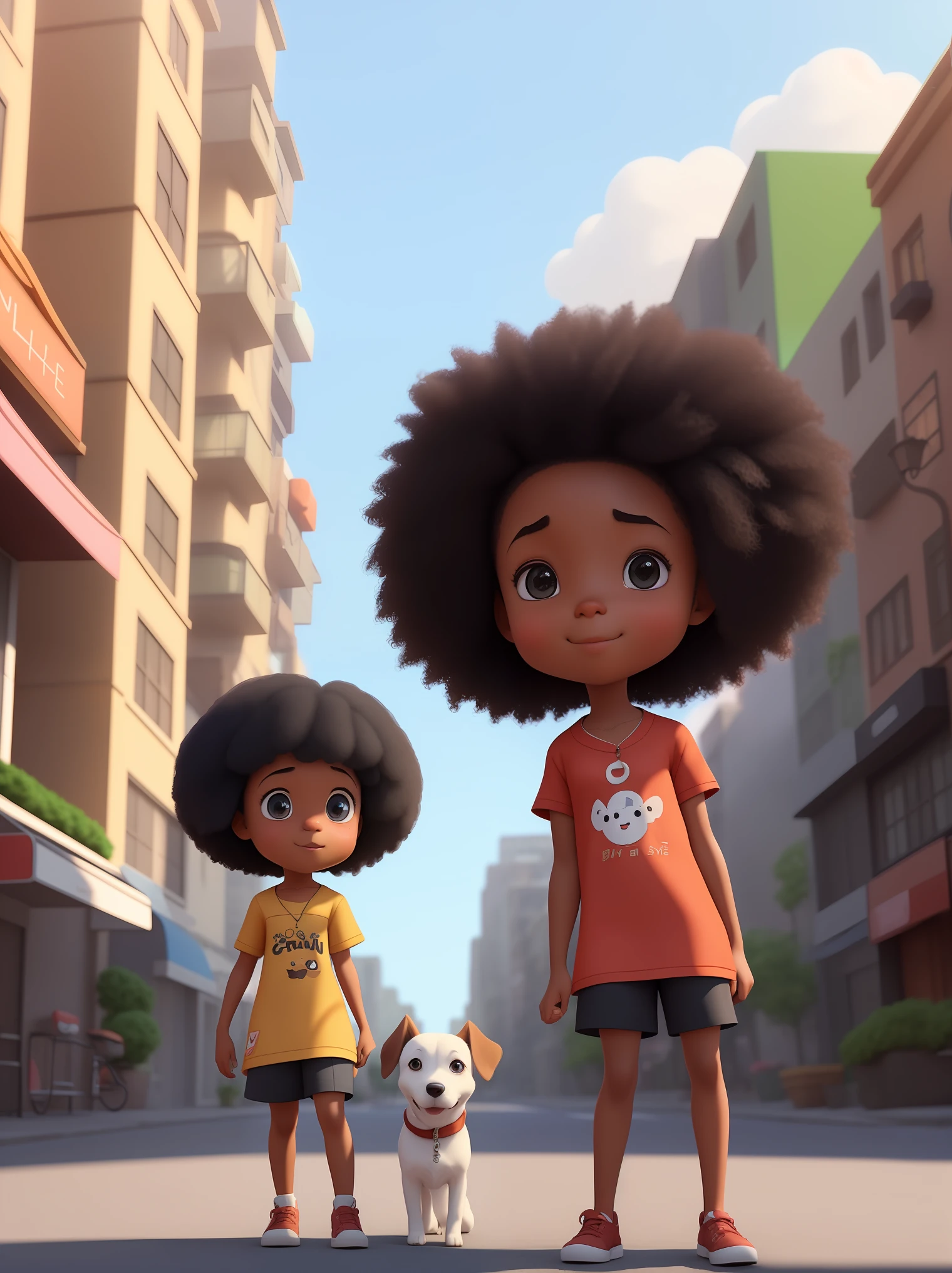 3D a cartoon character holding a small dog on a city street, black girl, movie artwork, clean photo, ghailan!, as a pixar character, cute young man, afro hair, grace and blessing, rendered in unreal, movie promotional image, rendered image