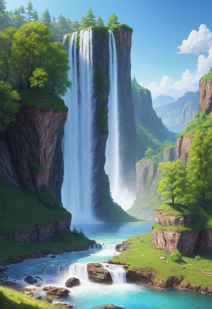 Landscape, water, (very detailed CG unity 8k wallpaper), the most beautiful artwork in the world, professional majestic oil painting, intricate, high detail, clear focus, dramatic, realistic painting art, blue sky.