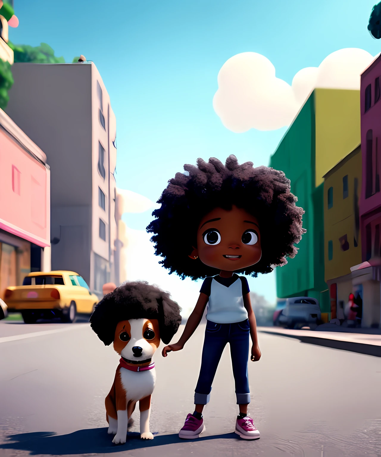 a cartoon character holding a small dog on a city street, black girl, movie artwork, clean photo, ghailan!, as a pixar character, cute young man, afro hair, grace and blessing, rendered in unreal, movie promotional image, rendered image