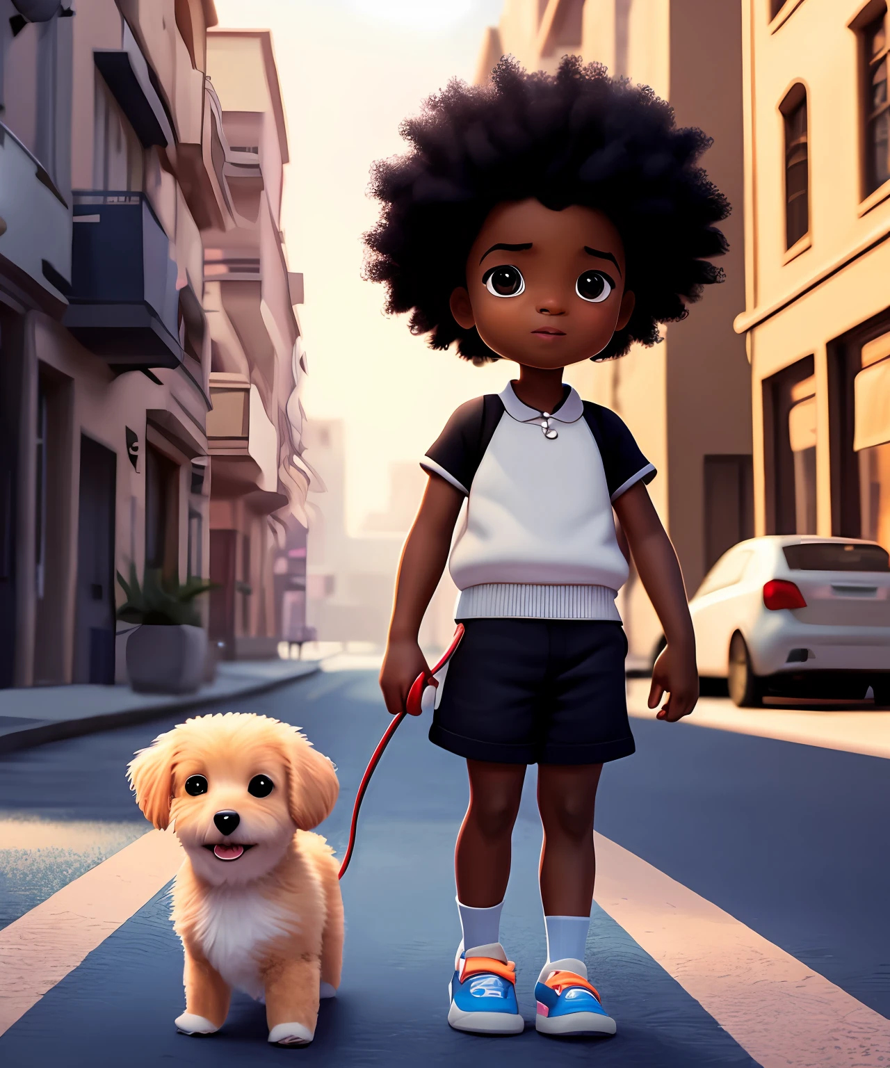 a cartoon character holding a small dog on a city street, black girl, movie artwork, clean photo, ghailan!, as a pixar character, cute young man, afro hair, grace and blessing, rendered in unreal, movie promotional image, rendered image