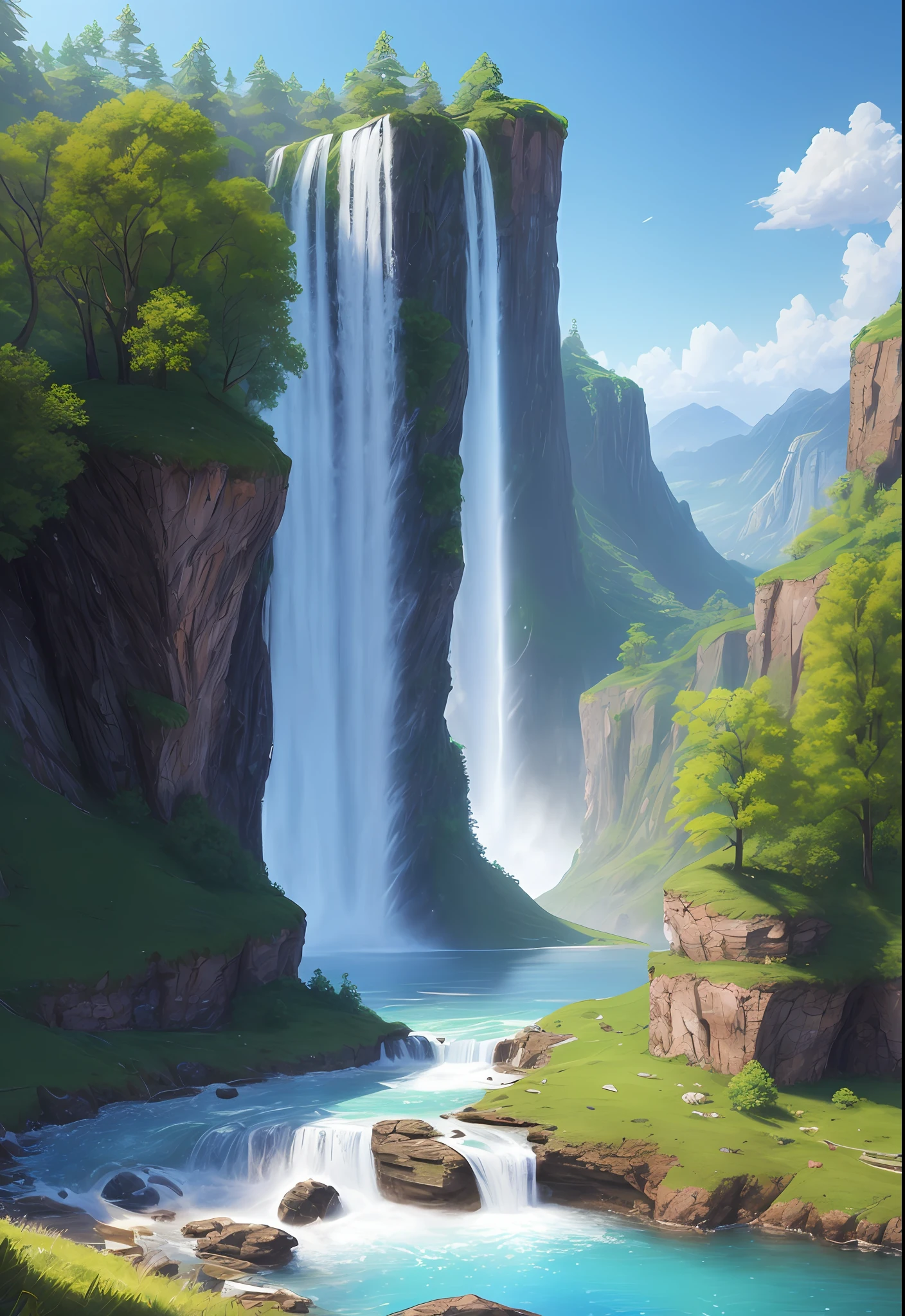 Landscape, water, (very detailed CG unity 8k wallpaper), the most beautiful artwork in the world, professional majestic oil painting, intricate, high detail, clear focus, dramatic, realistic painting art, blue sky.