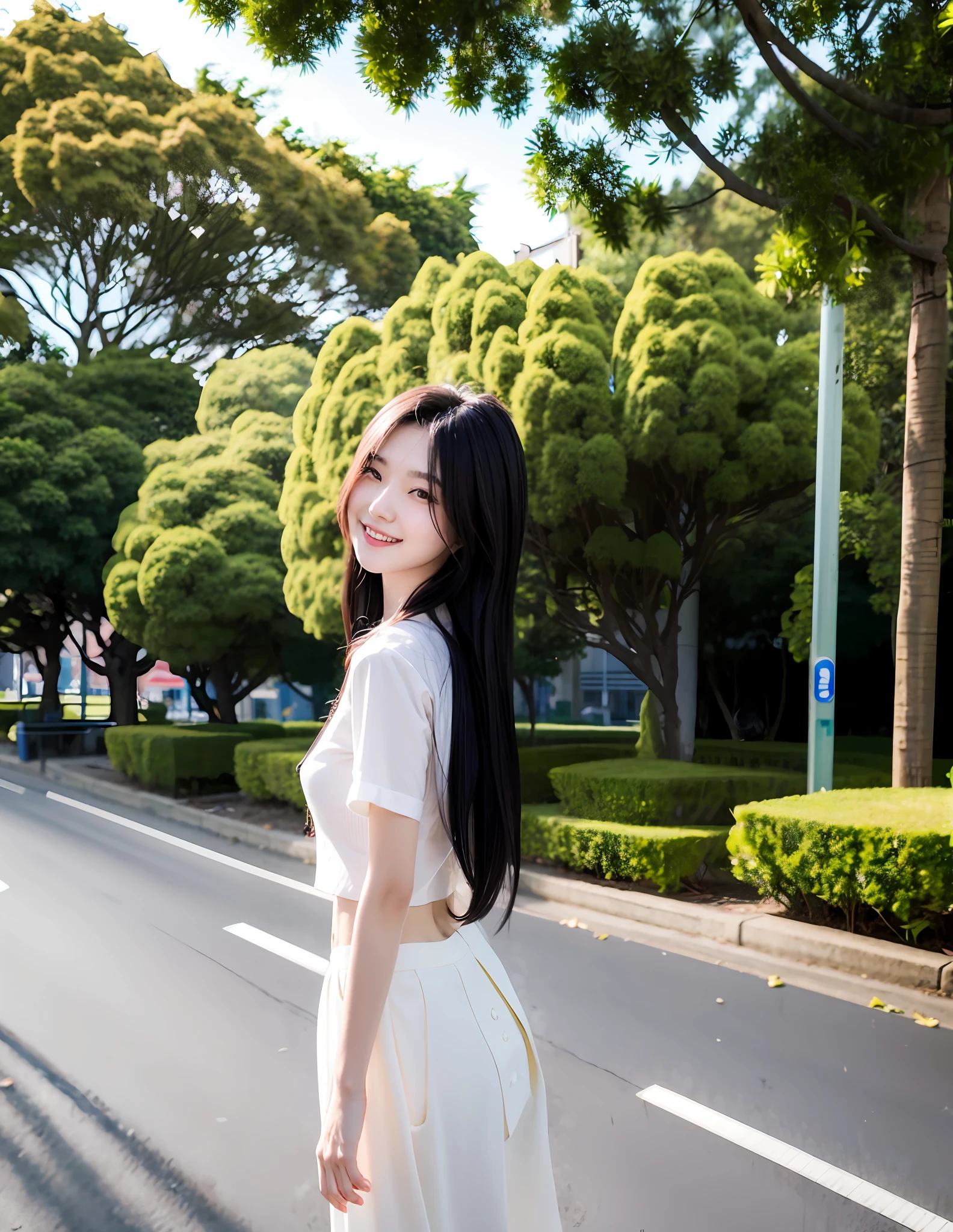 blackhair Chinese girl, smile, medium hair, extremely beautiful face, full-body shot, wearing a white shirt, sunny day, professional lighting, snap shot on street, 3/4 left view, windy, sharp focus, 8k, masterpiece, RAW photo, best quality