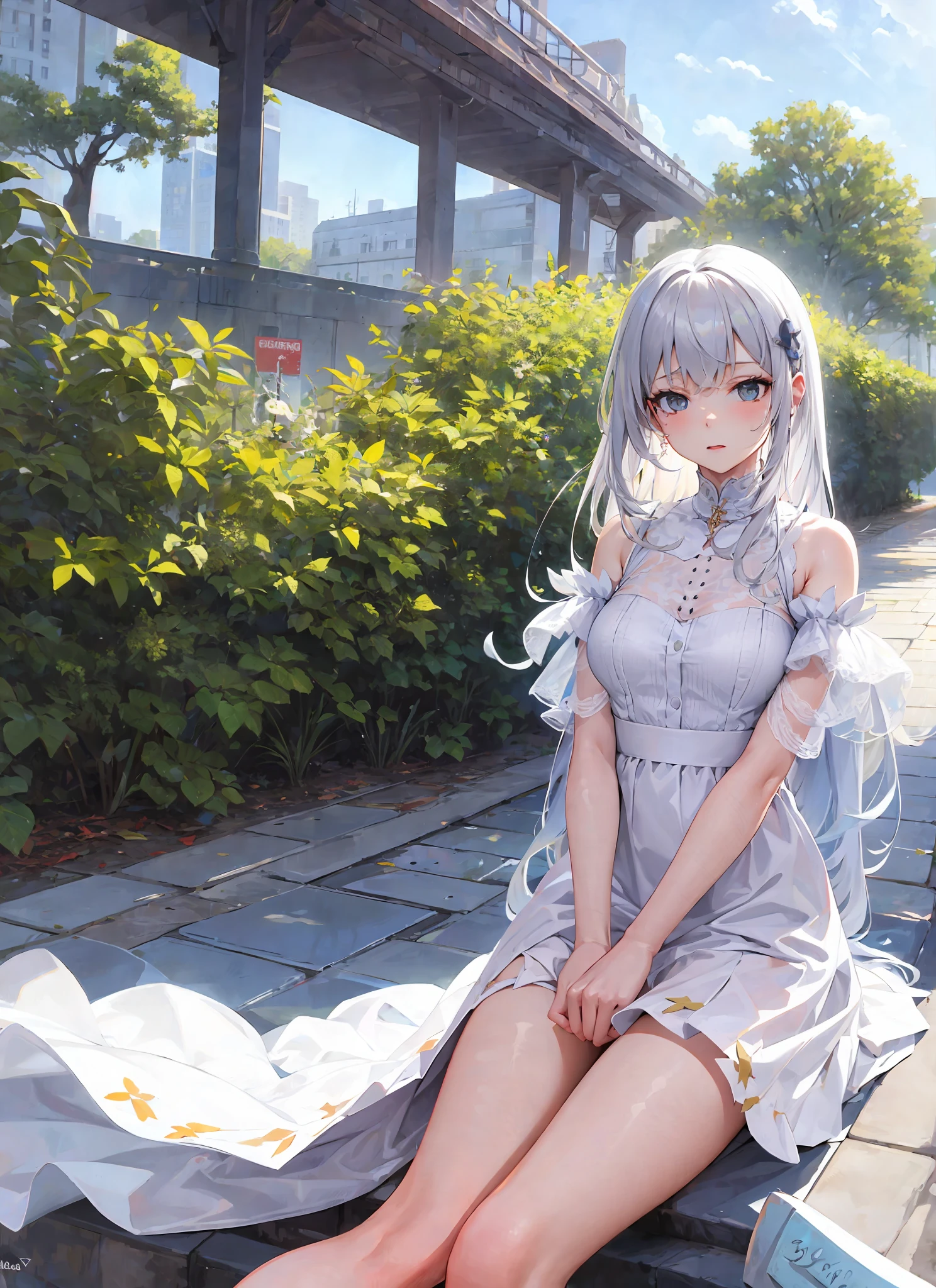 Masterpiece, top quality, 1 girl, middle hair, white dress, park