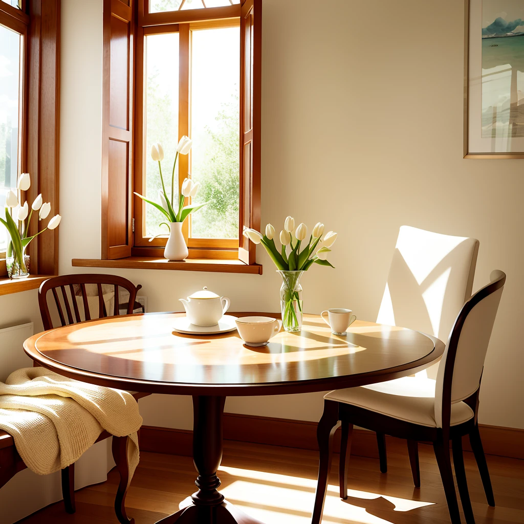a warm sunlit room, a tea table, tea is served, a vase of white tulips on that table
