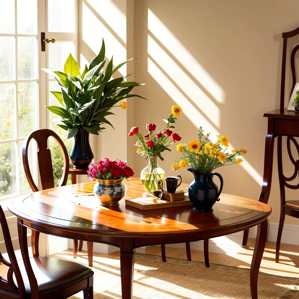 a warm sunlit room, a tea table, tea is served, a vase of blooming flower on that table